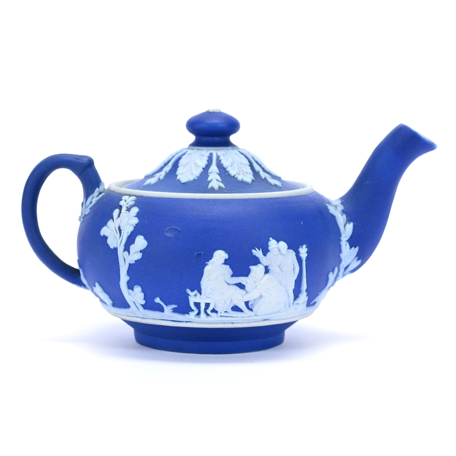 Miniature Teapot, Marked Wedgwood England, Classic Blue And White With Classic Scenic Decor: Miniature Teapot, Marked Wedgwood England, Classic Blue And White With Classic Scenic Decor, 2" x 3.75", Maurine and The Late Al Edmond Collection, IA.