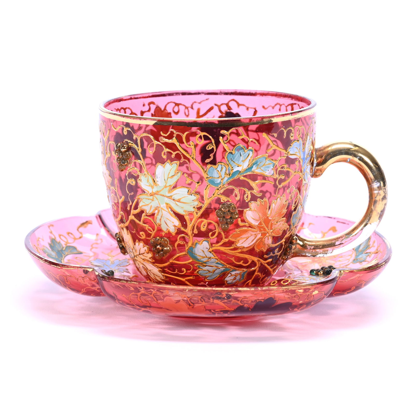 Cup And Saucer, Unmarked Moser, Cranberry Art Glass With Colorful Enamel Vintage Leaf Decor (1 of 3)