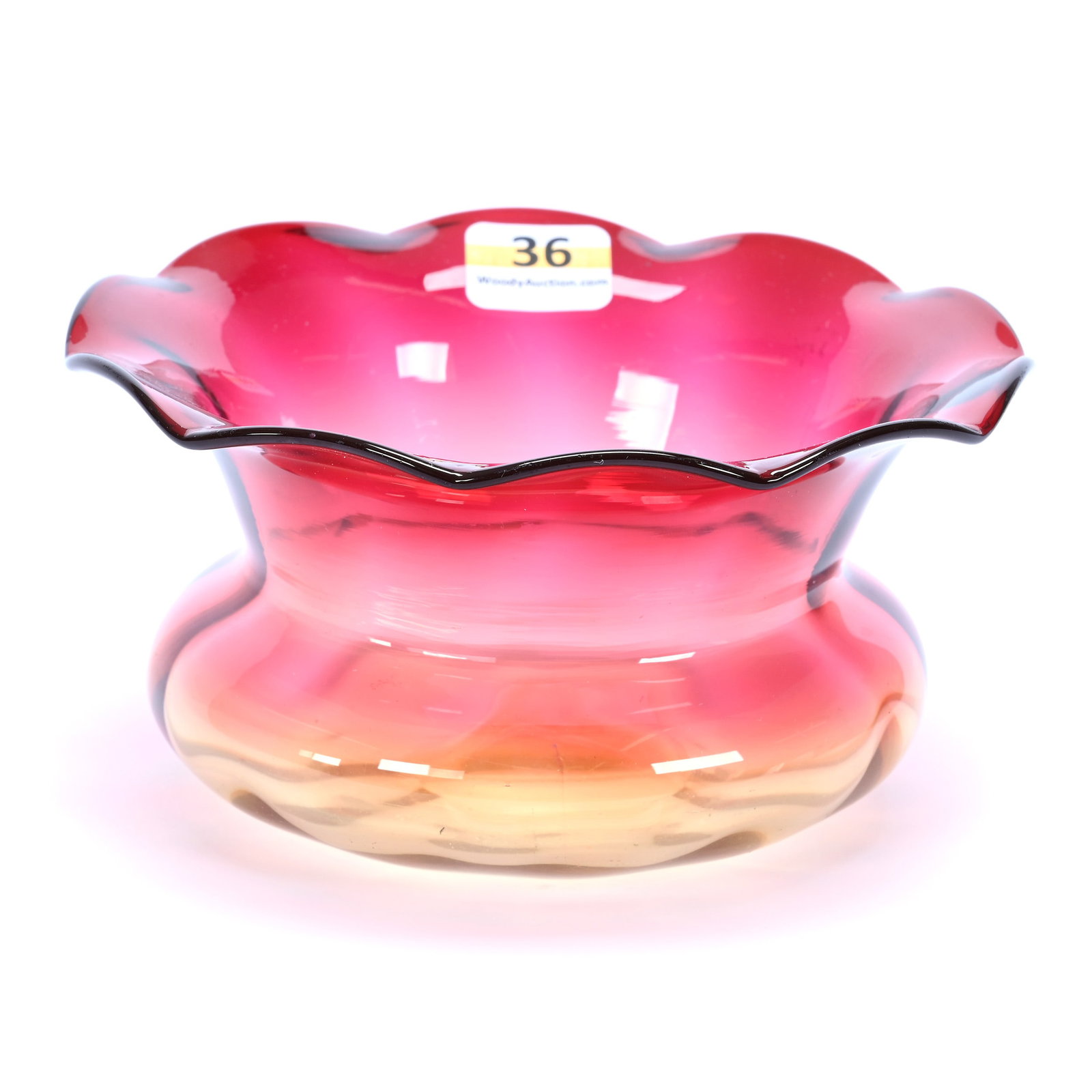 Spittoon Shaped Bowl, Amberina Art Glass, Ruffled Rim, Polished Pontil Base: Spittoon Shaped Bowl, Amberina Art Glass, Ruffled Rim, Polished Pontil Base, 2.75" x 5.5", Maurine and The Late Al Edmond Collection, IA.