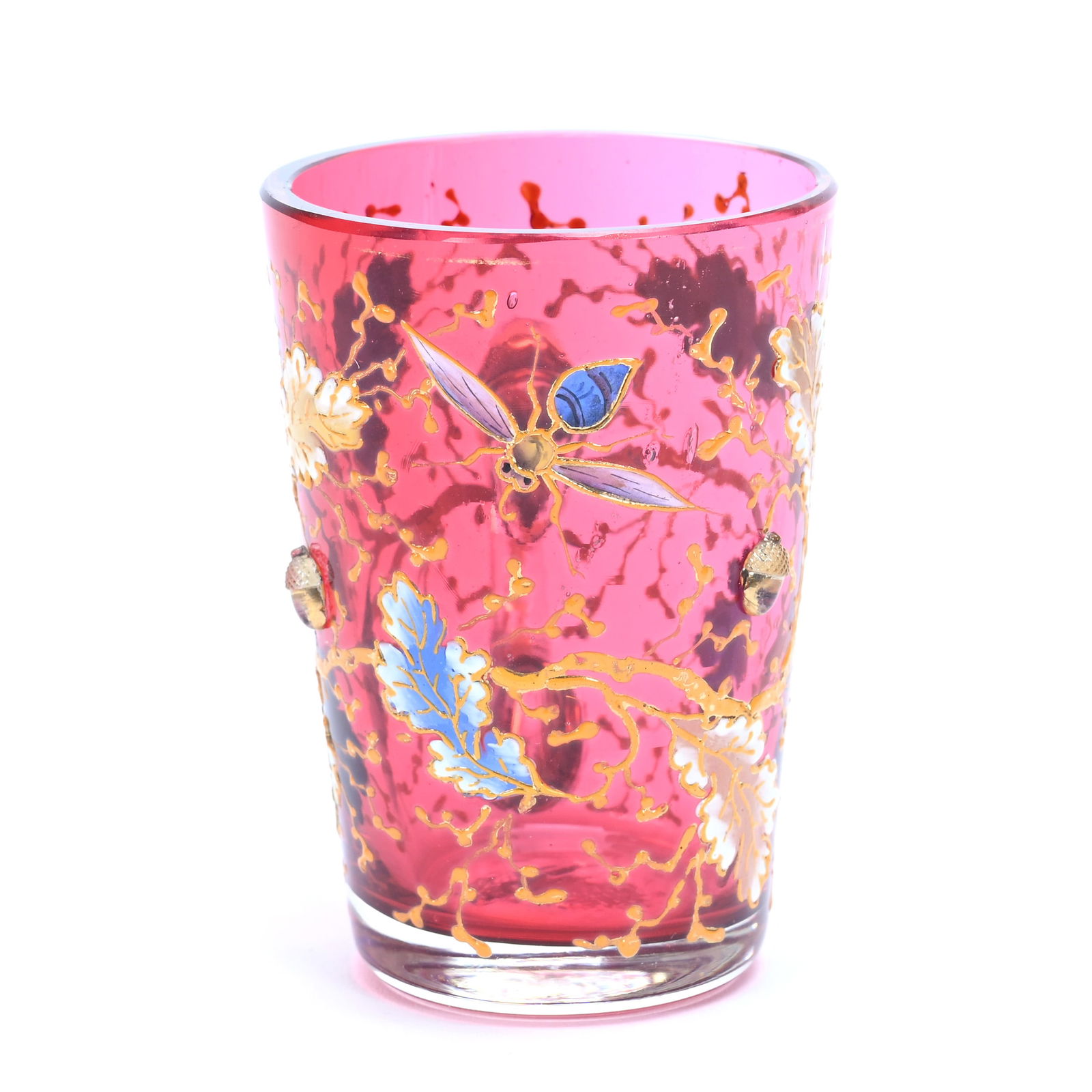 Small Handled Cup, Unmarked Moser, Cranberry Art Glass, Colorful Enameled Leaf, Branch, And Insect (1 of 3)