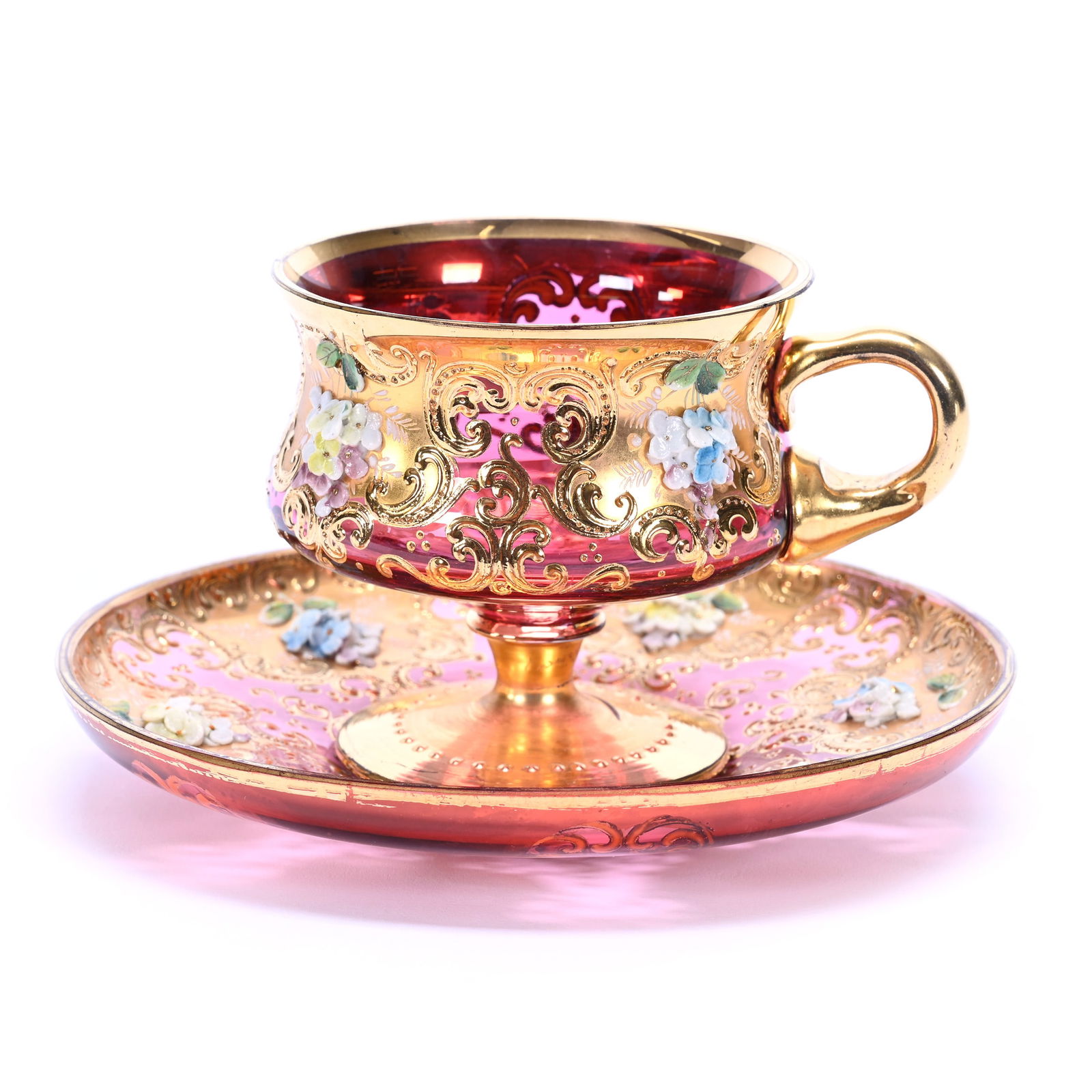 Pedestal Cup And Saucer, Cranberry Art Glass (1 of 3)