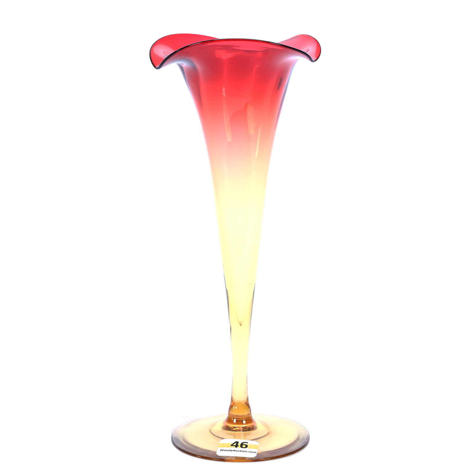 Trumpet Vase, Amberina Art Glass, Optic Rib, Tri Corner Top: Trumpet Vase, Amberina Art Glass, Optic Rib, Tri Corner Top, 9" x 3.5", Maurine and The Late Al Edmond Collection, IA.