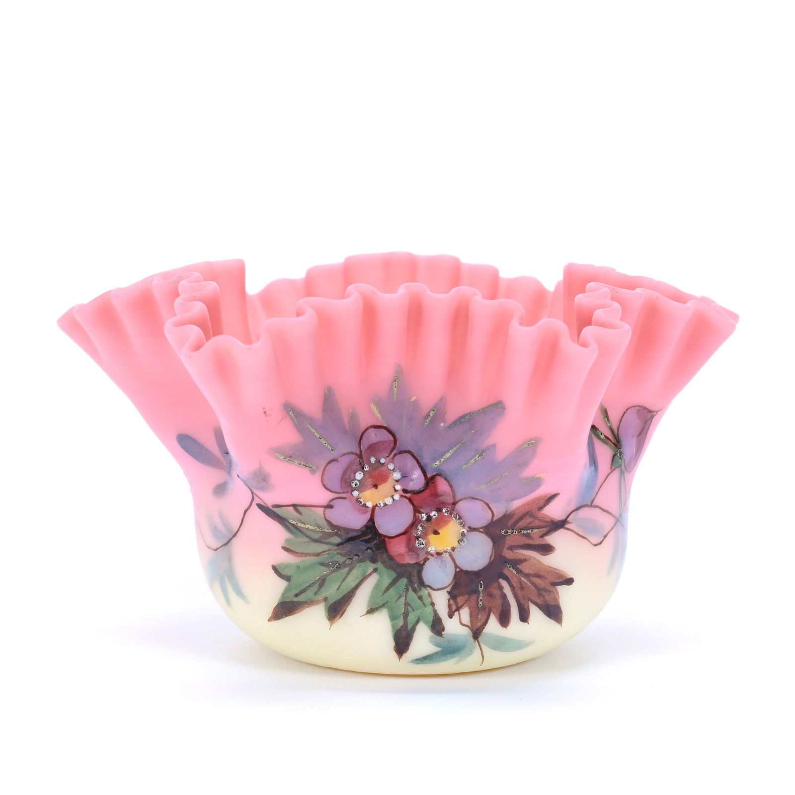 Star Crimped Bowl, Decorated Burmese Art Glass, Attributed To Webb, Pie Crust Edge (1 of 4)