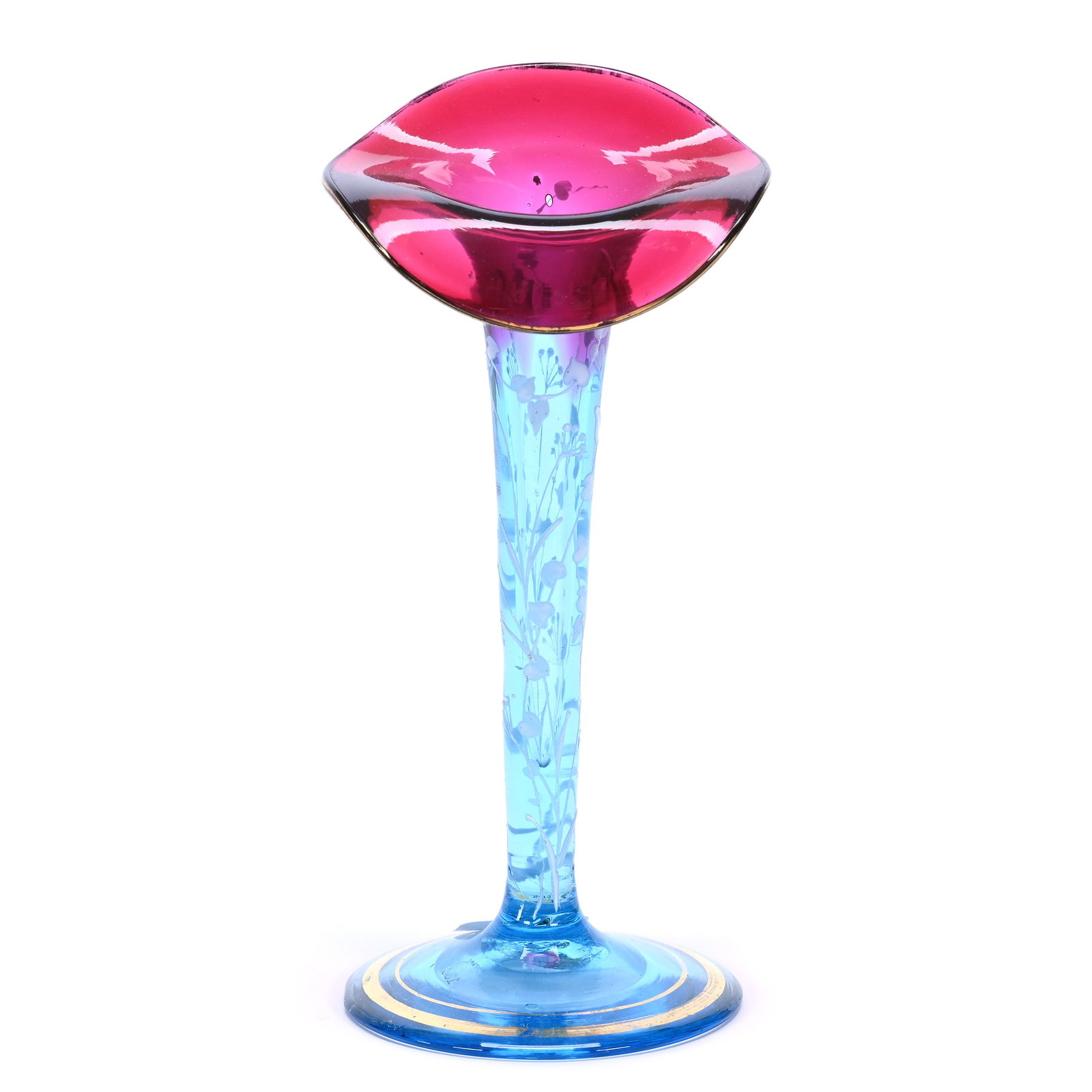 Jack In Pulpit Art Glass Vase, Cranberry Sharing To Blue With White Enamel Floral Decor: Jack In Pulpit Art Glass Vase, Cranberry Sharing To Blue With White Enamel Floral Decor, 6.25" x 2.75", Maurine and The Late Al Edmond Collection, IA.