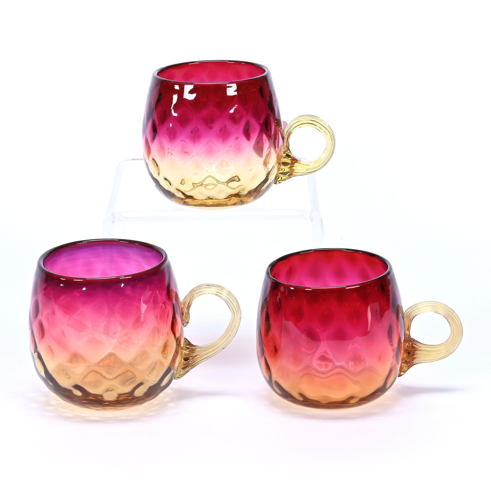 Three Punch Cups, Amberina Diamond Quilted Art Glass With Fuchsia Tops Applied Amber Ribbed Handles (1 of 4)