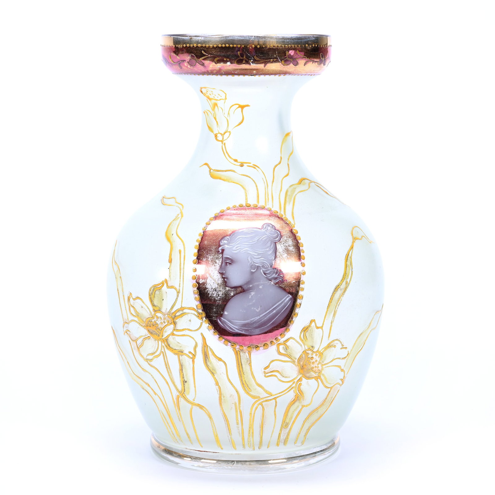 Vase, Unmarked Bohemian Art Glass: Vase, Unmarked Bohemian Art Glass, 7.25" x 4.5", Yellow Opalescent With Enameled Silhouette Portrait With Bronzed Background, Yellow Enameled Floral Highlights, Paul and Peggy McKenzie Collection, KS.