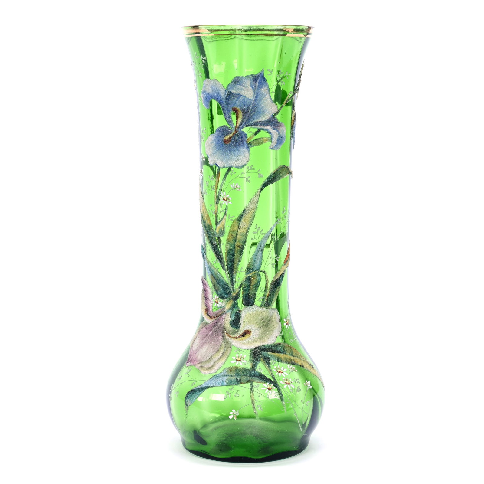 Vase, Green Art Glass, Optic Rib With Colorful Coralene Iris Decor, Nice Quality: Vase, Green Art Glass, Optic Rib With Colorful Coralene Iris Decor, Nice Quality, 12.25" x 4.75", Paul and Peggy McKenzie Collection, KS.