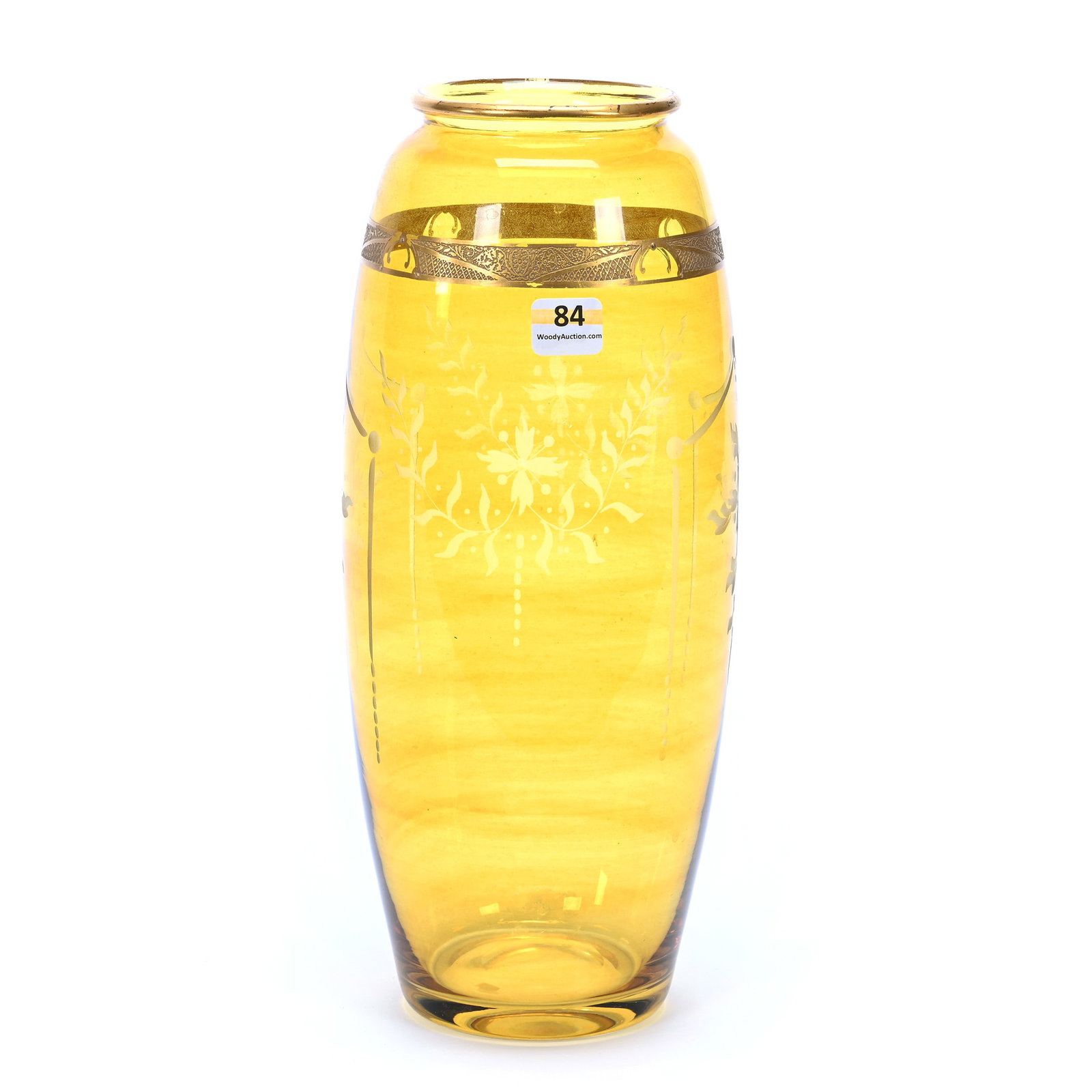 Vase, American Brilliant Cut Glass, Signed Hawkes, Yellow Cut To Clear: Vase, American Brilliant Cut Glass, Signed Hawkes, Yellow Cut To Clear, 12" x 4.74", Engraved Floral Garland Decor With Brocaded Gold Highlights, Interior Open Bubble, Base Bruise, Paul and Peggy McKe