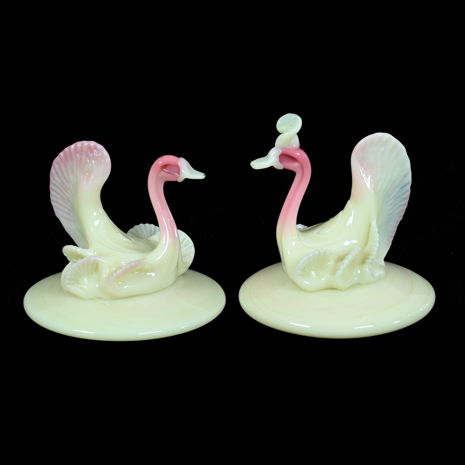 Pair Of Figural Paperweights, Unmarked Glossy Burmese, Swans, Attributed To Pairpoint: Pair Of Figural Paperweights, Unmarked Glossy Burmese, Swans, Attributed To Pairpoint, 3.25" x 3.5", Paul and Peggy McKenzie Collection, KS.
