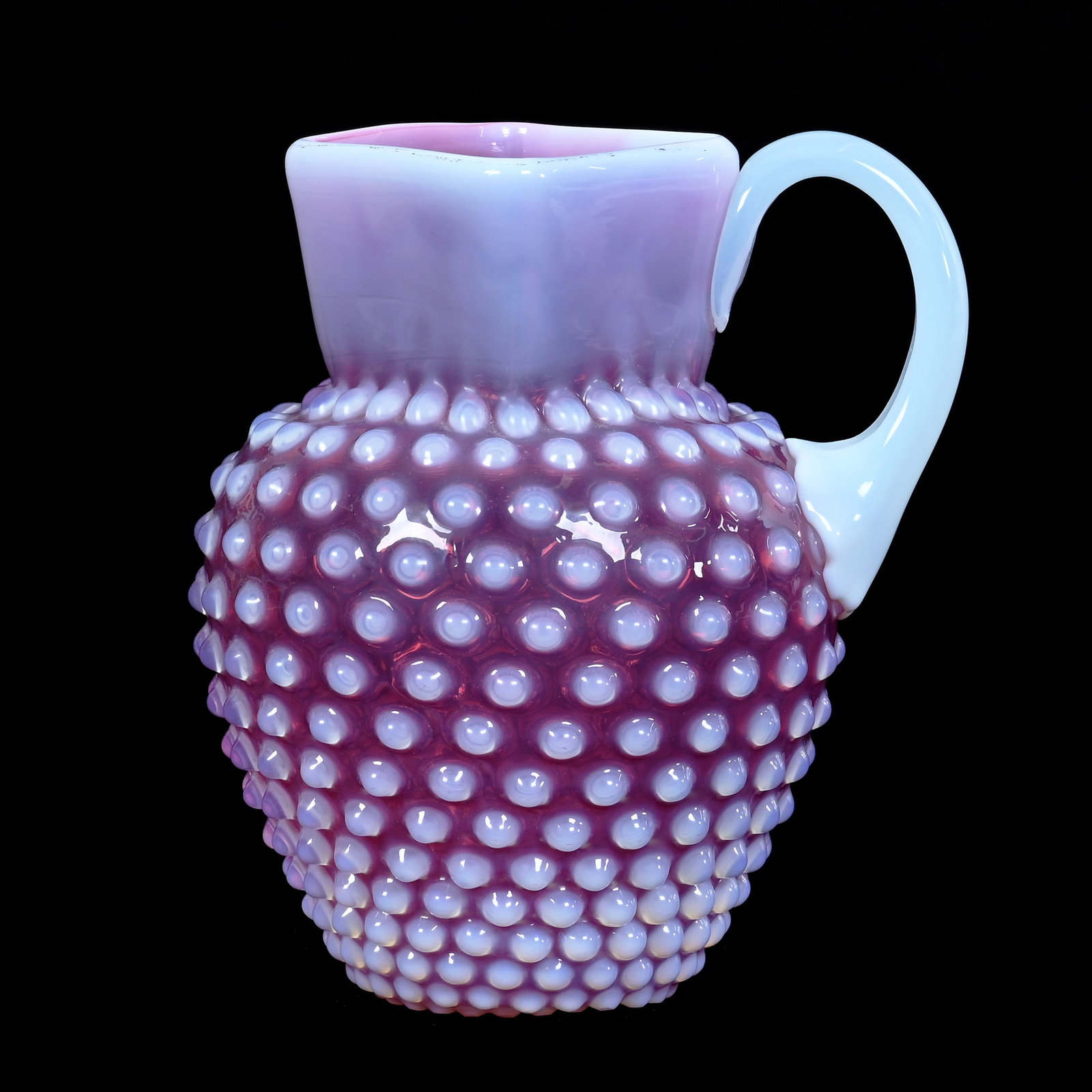 Pitcher, Cranberry Opalescent Hobnail, Square Top, Polished Pontil Base, Nice Quality: Pitcher, Cranberry Opalescent Hobnail, Square Top, Polished Pontil Base, Nice Quality, 7.75" x 6.75", Paul and Peggy McKenzie Collection, KS.