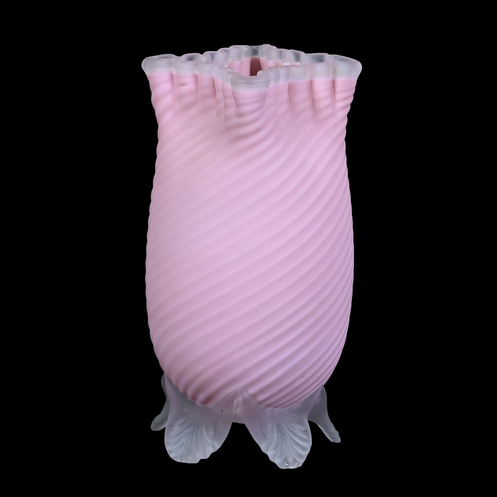 Footed Vase, Pink Satin Swirl Art Glass With Frosted Applied Ruffled Rim And Petal Feet: Footed Vase, Pink Satin Swirl Art Glass With Frosted Applied Ruffled Rim And Petal Feet, 7.25" x 3.75", Some Edge Roughness On Feet, Paul and Peggy McKenzie Collection, KS.
