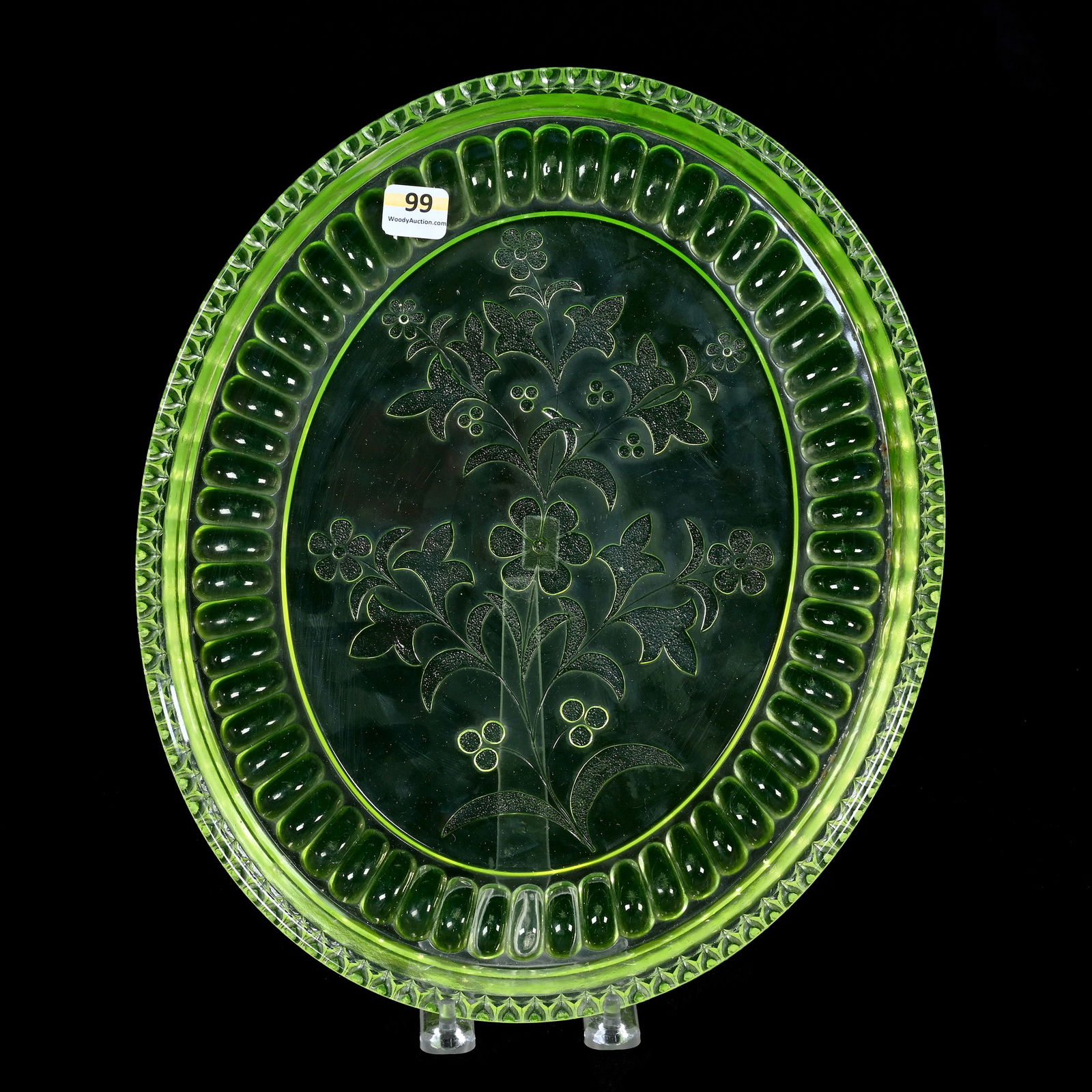 Oval Tray, Solid Vaseline Pattern Glass, Floral Decor, Highly Reactive Under Black Light (1 of 3)