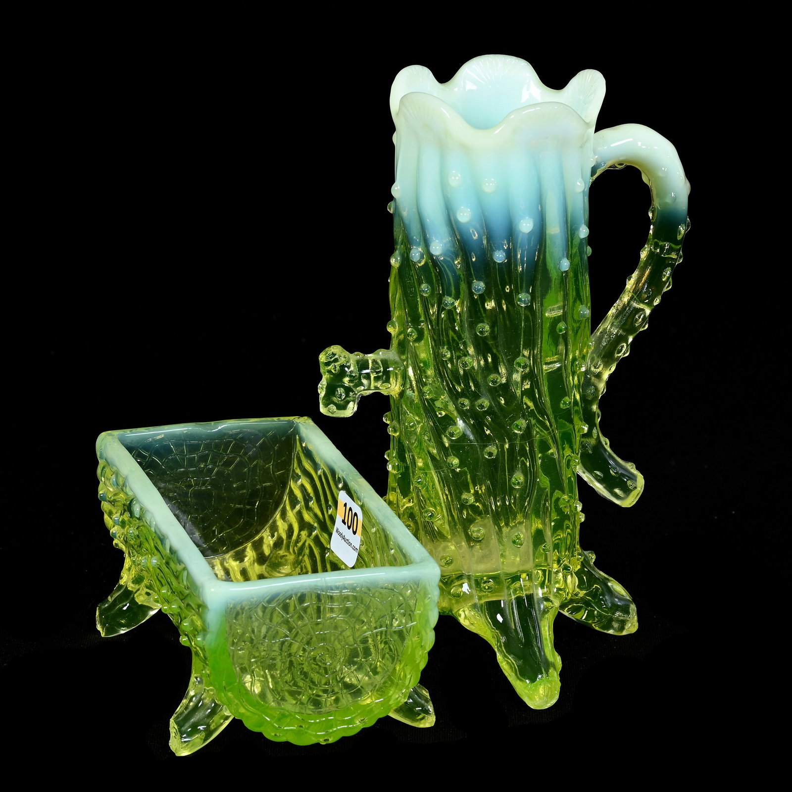 Town Pump And Trough, Vaseline Opalescent Pattern Glass, Rustic Pattern, Signed Northwood: Town Pump And Trough, Vaseline Opalescent Pattern Glass, Rustic Pattern, Signed Northwood,Both Pieces Highly Reactive Under Blacklight, (1) 6.75" Town Pump, (1) 5" Trough, Paul and Peggy McKenzie Coll