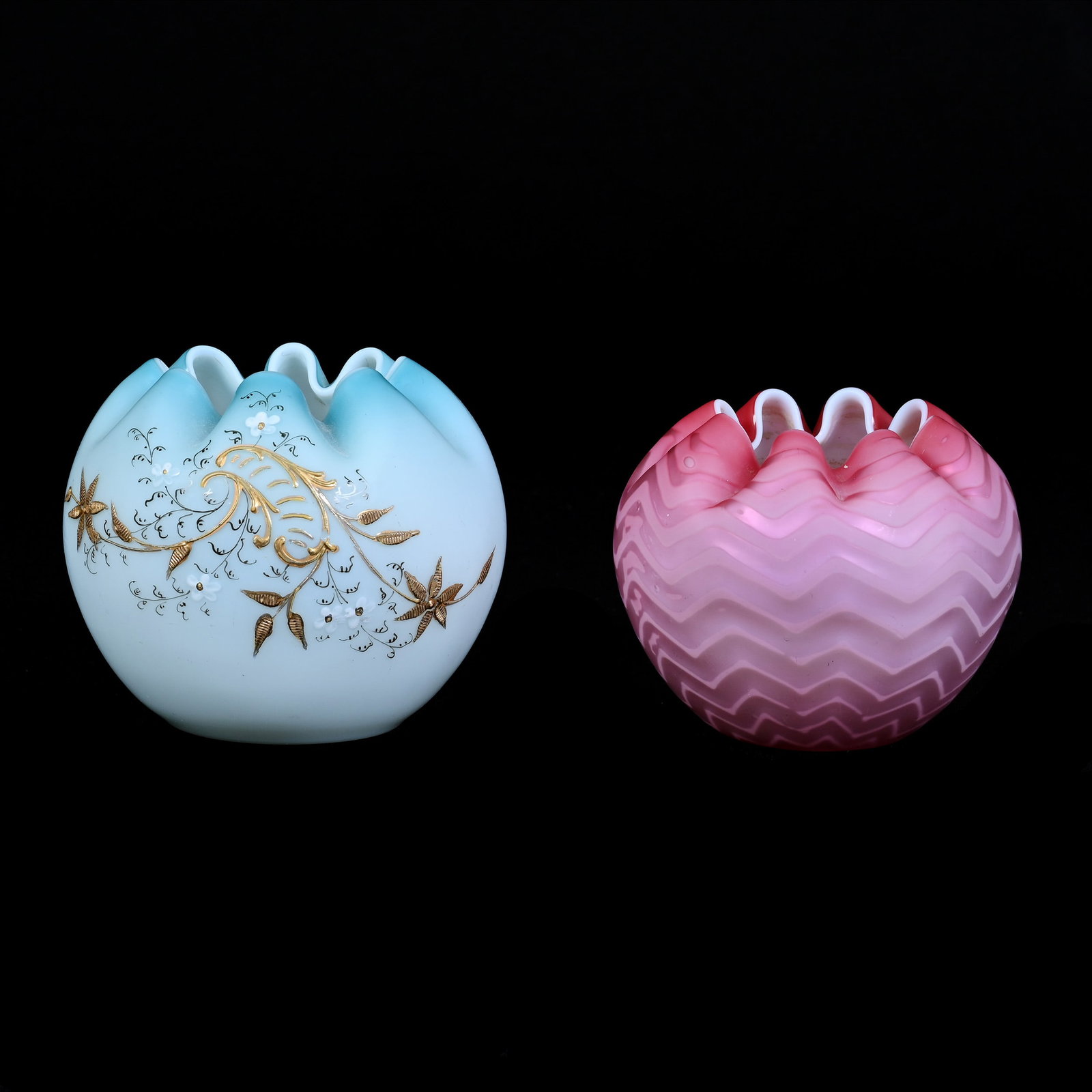 Two Satin Art Glass Rose Bowls, (1) 3.75" x 4.5" Blue With Gold Floral Decor, (1) 3.5" x 4.25" Pink: Two Satin Art Glass Rose Bowls, (1) 3.75" x 4.5" Blue With Gold Floral Decor, (1) 3.5" x 4.25" Pink Herringbone Mother Of Pearl, Paul and Peggy McKenzie Collection, KS.