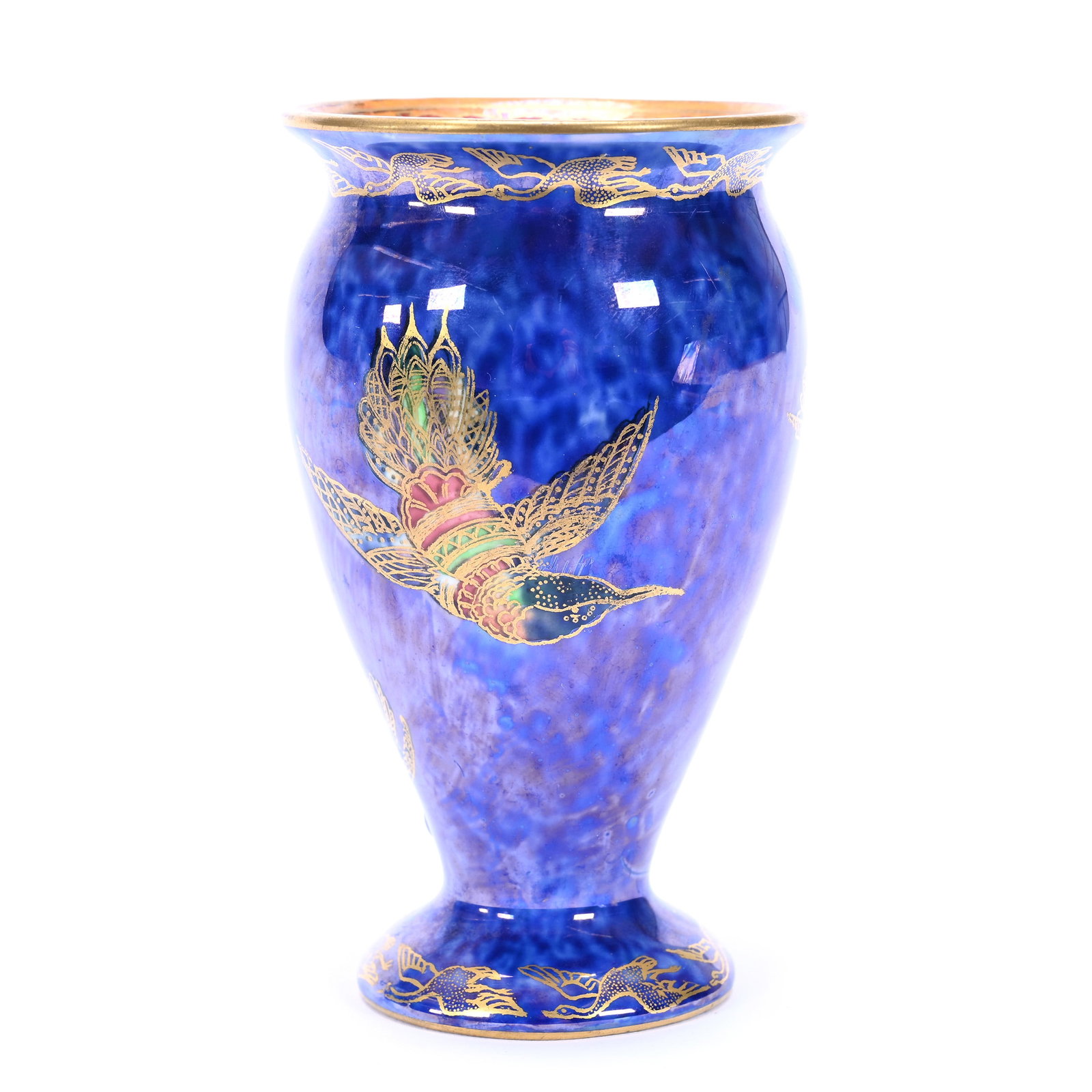 Vase, Signed Wedgwood #Z5294, Flying Hummingbirds On Blue Luster: Vase, Signed Wedgwood #Z5294, Flying Hummingbirds On Blue Luster, 4.25" x 2.25", Orange Luster Interior With Flying Geese Border, Paul Pellet Estate Collection