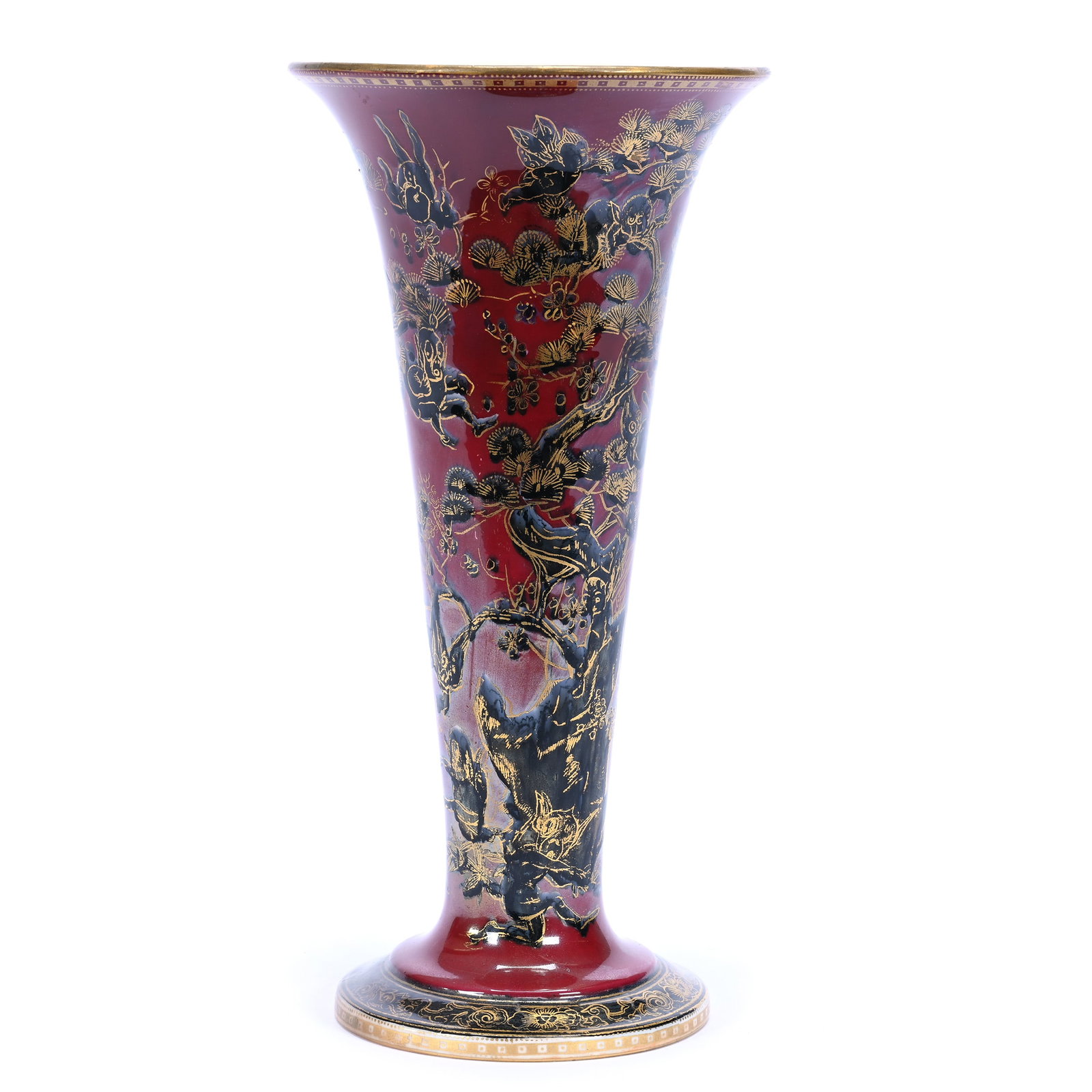 Vase, Marked Wedgwood, Fairyland Luster, Firbolgs IV Pattern, Designed By Daisy Makeig-Jones: Vase, Marked Wedgwood, Fairyland Luster, Firbolgs IV Pattern, Designed By Daisy Makeig-Jones, 9.75" x 4.75", Maroon Luster Background With Black Design And Extensive Gold Stencil Highlights, Professio