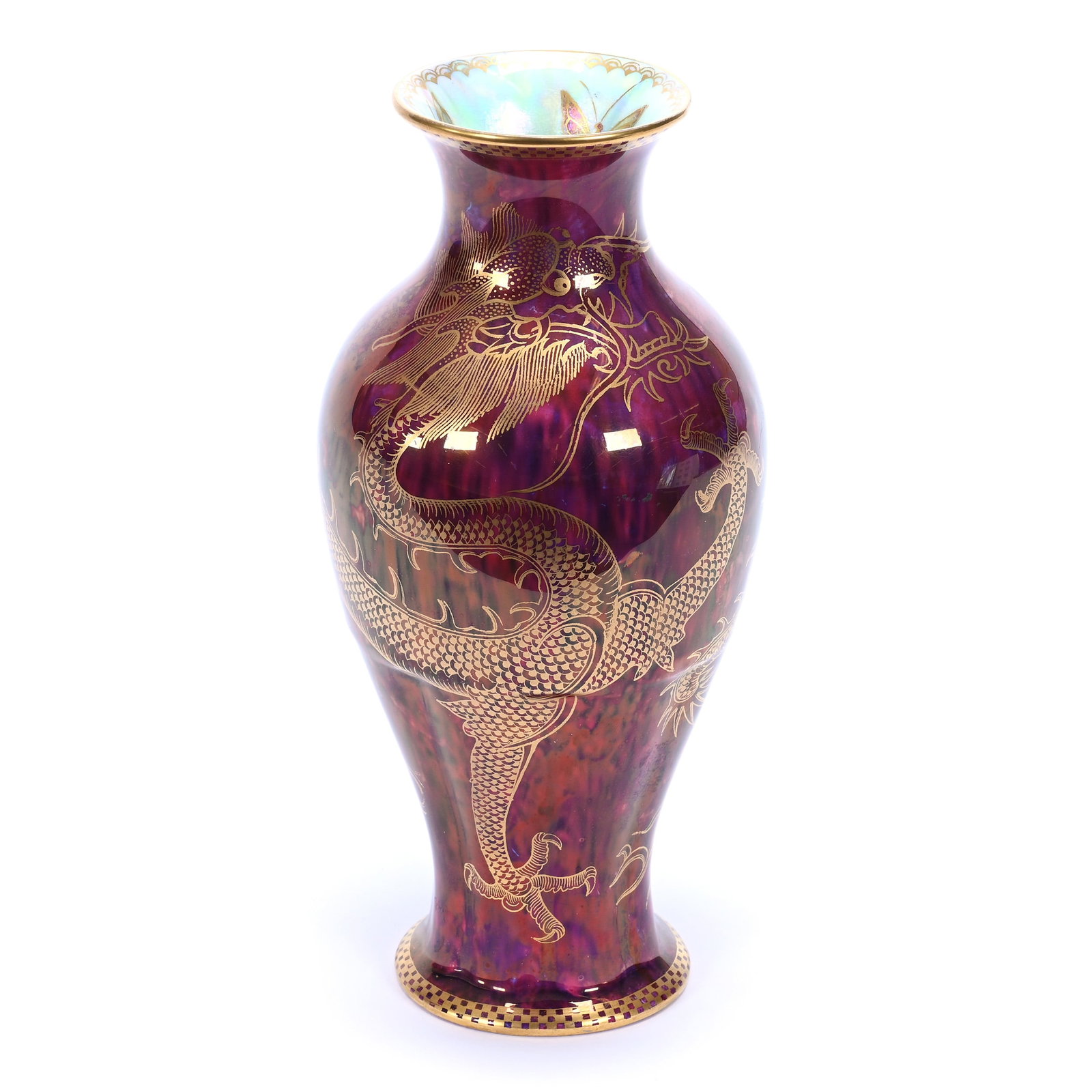 Vase, Marked Wedgwood, Dragon Luster #Z4827, Lavender Ground With Gold Stencil Dragon Decor: Vase, Marked Wedgwood, Dragon Luster #Z4827, Lavender Ground With Gold Stencil Dragon Decor, 8.5" x 4", Butterfly Luster Interior Rim, Paul Pellet Estate Collection
