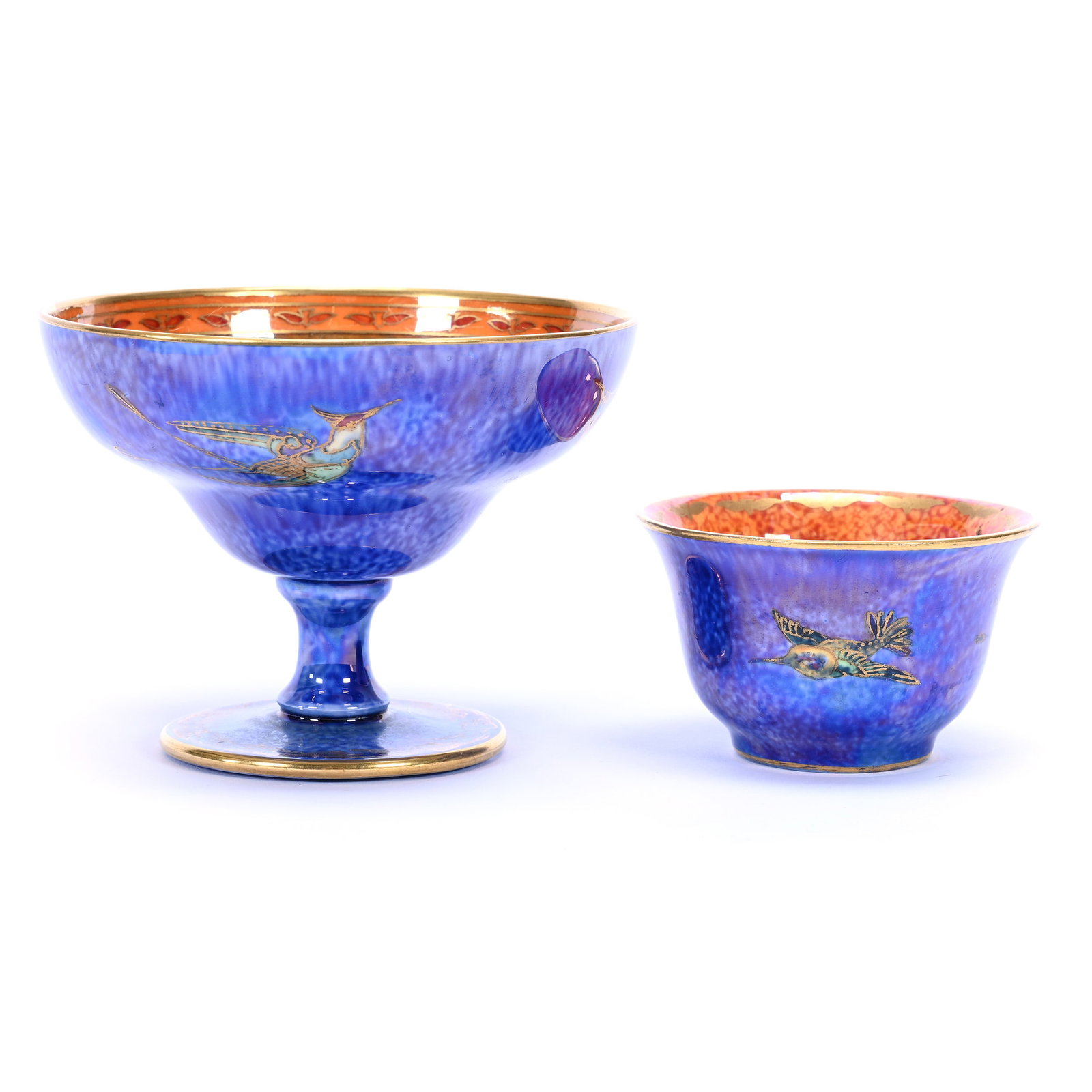Two Marked Wedgwood Flying Hummingbirds Luster Items, Blue Luster Ground With Orange Luster Interior: Two Marked Wedgwood Flying Hummingbirds Luster Items, Blue Luster Ground With Orange Luster Interior, (1) 3.25" x 4" Pedestal Sherbet, #Z5294, (1) 1.75" x 2.75" Bowl, #Z5294, Paul Pellet Estate Collec