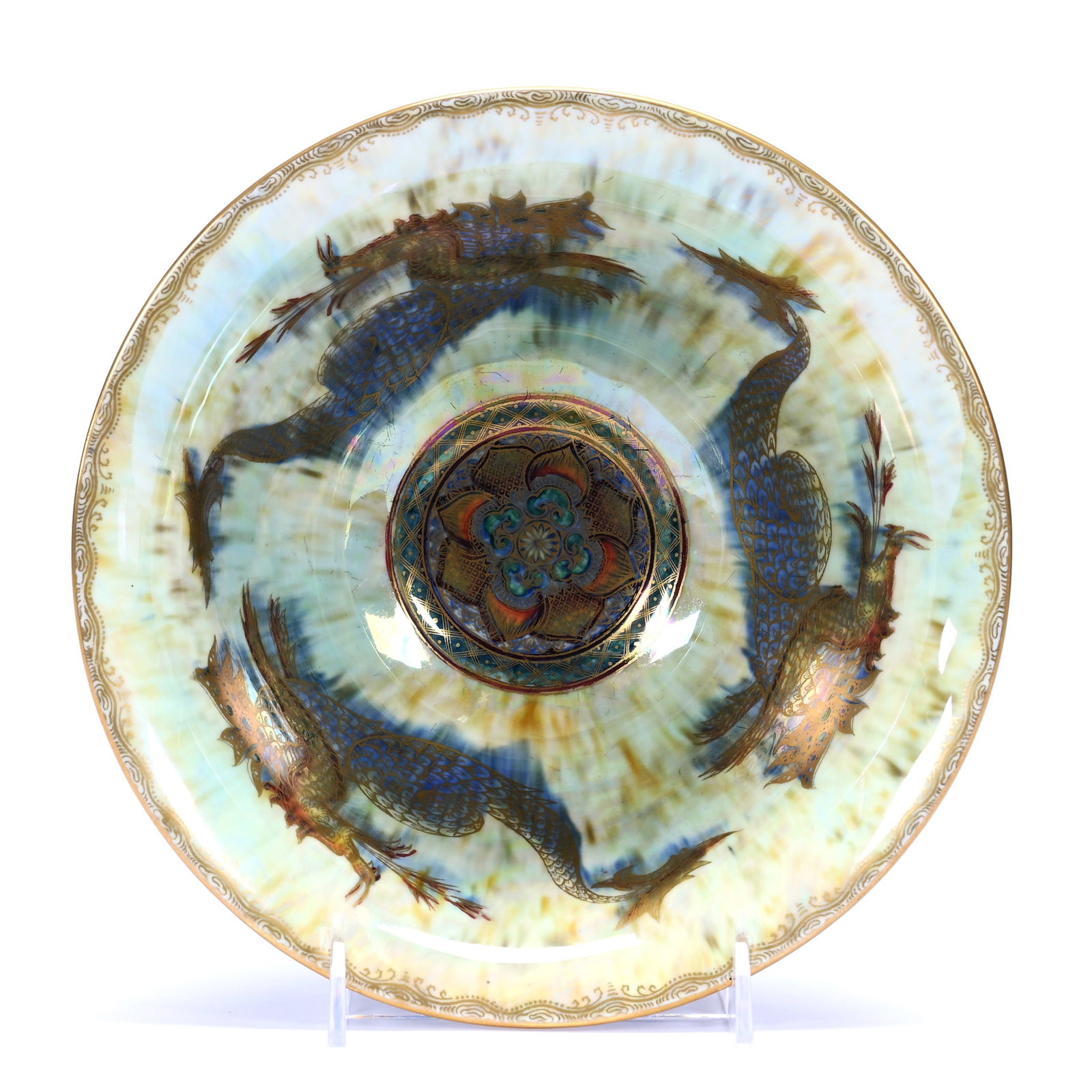 Pedestal Bowl, Marked Wedgwood, Dragon Luster Pattern #Z4829: Pedestal Bowl, Marked Wedgwood, Dragon Luster Pattern #Z4829, 5.5" x 8.75", Mixed Blue Luster Exterior With Mother Of Pearl Luster Interior, Wonderful Dragon Design, The Z# Is Not Visible, Paul Pellet