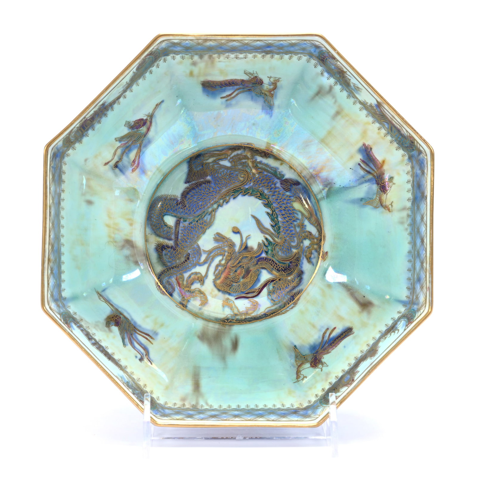 Eight Sided Bowl, Marked Wedgwood #Z4829, Dragon Luster Design: Eight Sided Bowl, Marked Wedgwood #Z4829, Dragon Luster Design, 4" x 8", Mixed Blue Luster Exterior With Mother Of Pearl Luster Interior, Excellent Dragon Design, Paul Pellet Estate Collection