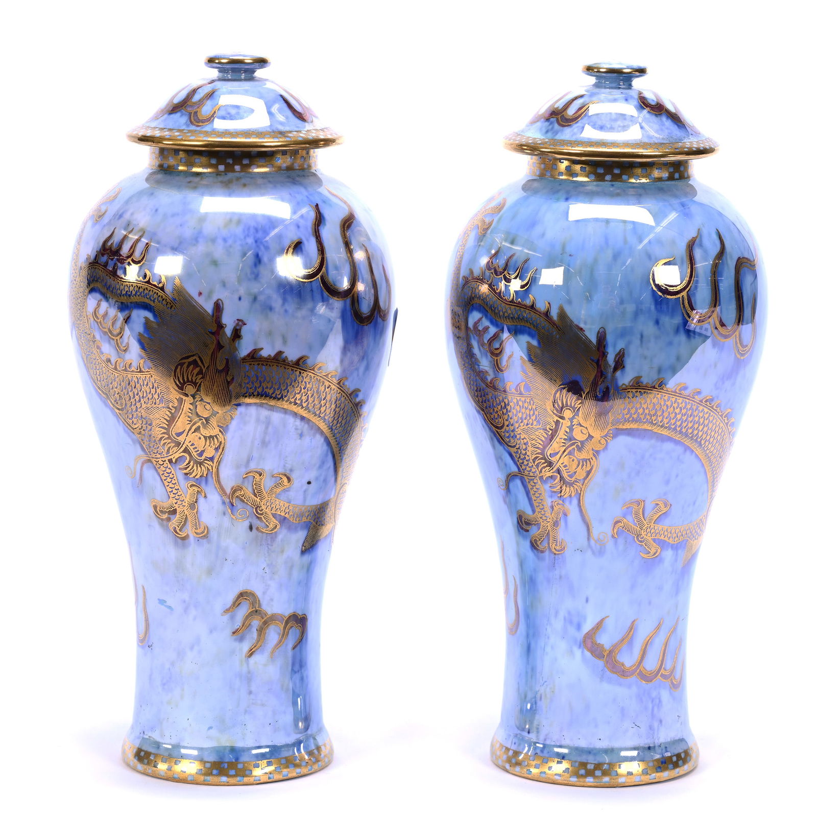 Pair Covered Vases, Marked Wedgwood #Z4829, Dragon Luster Design, Mixed Blue Luster Exterior (1 of 3)