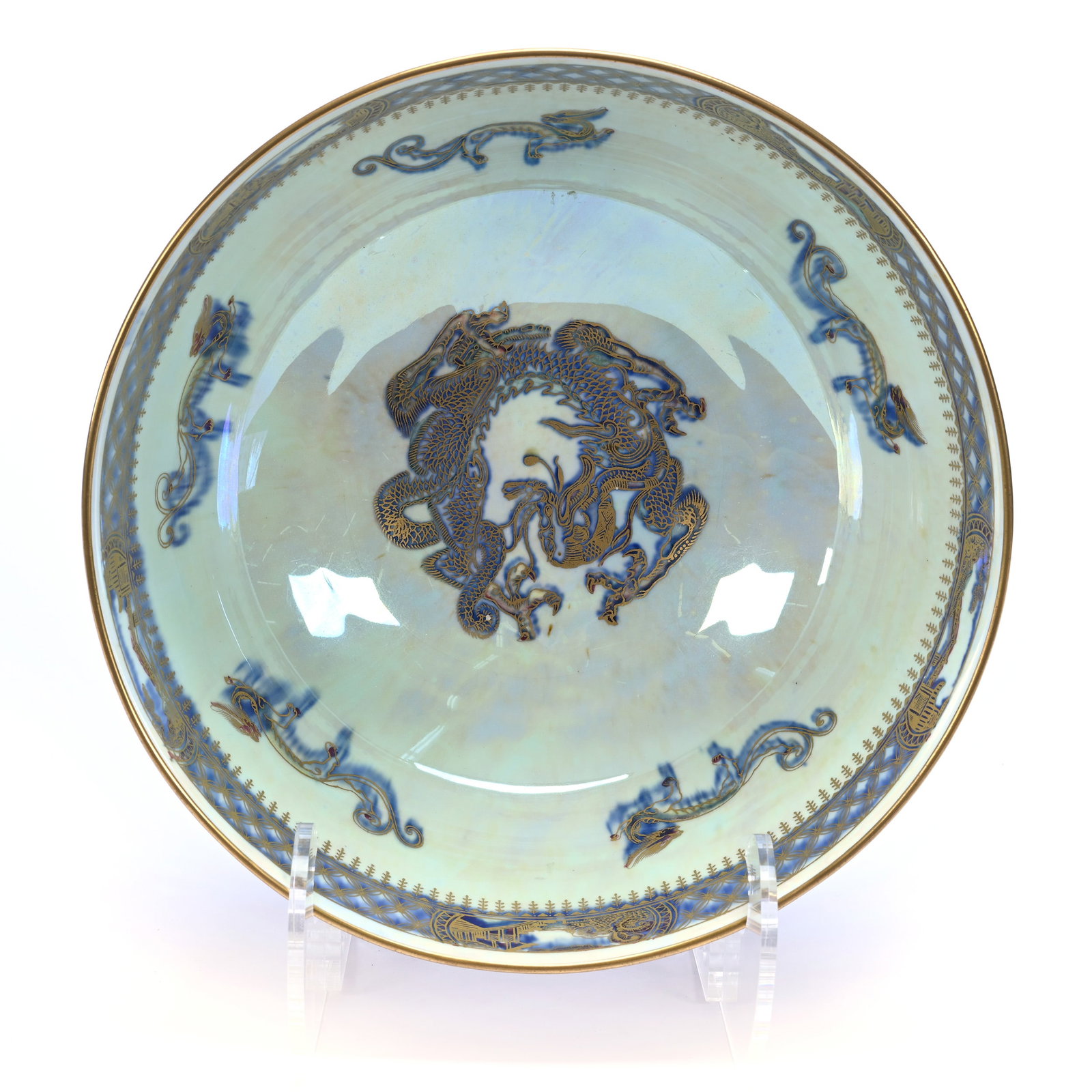 Bowl, Marked Wedgwood #Z4829, Dragon Luster Design: Bowl, Marked Wedgwood #Z4829, Dragon Luster Design, 4.5" x 10", Mixed Blue Luster Exterior With Mother Of Pearl Luster Interior, Paul Pellet Estate Collection