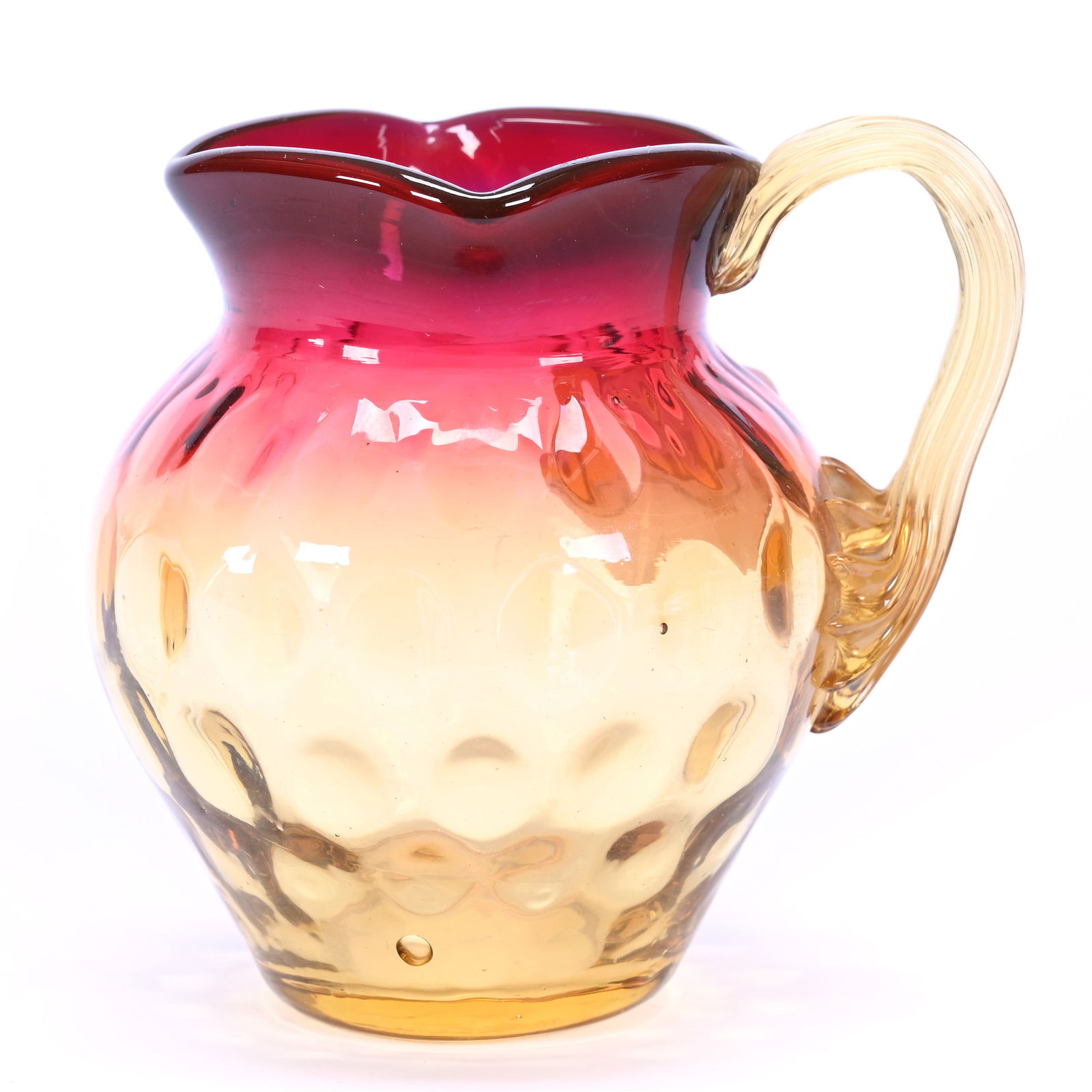 Small Pitcher, Amberina Art Glass, Coin Spot, With Fuchsia Top, Applied Amber Ribbed Handle (1 of 4)