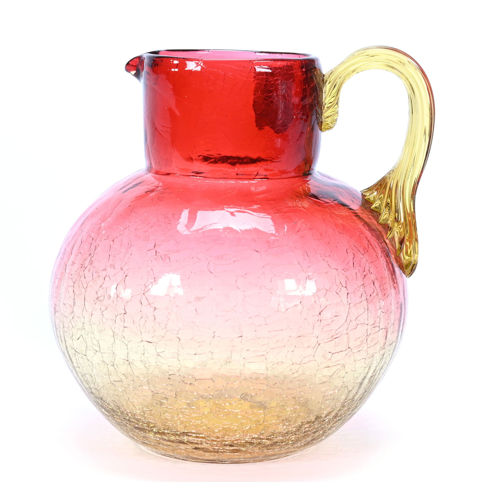 Pitcher, Amberina Art Glass, Crackle, Applied Amber Ribbed Handle, Polished Pontil Base (1 of 3)