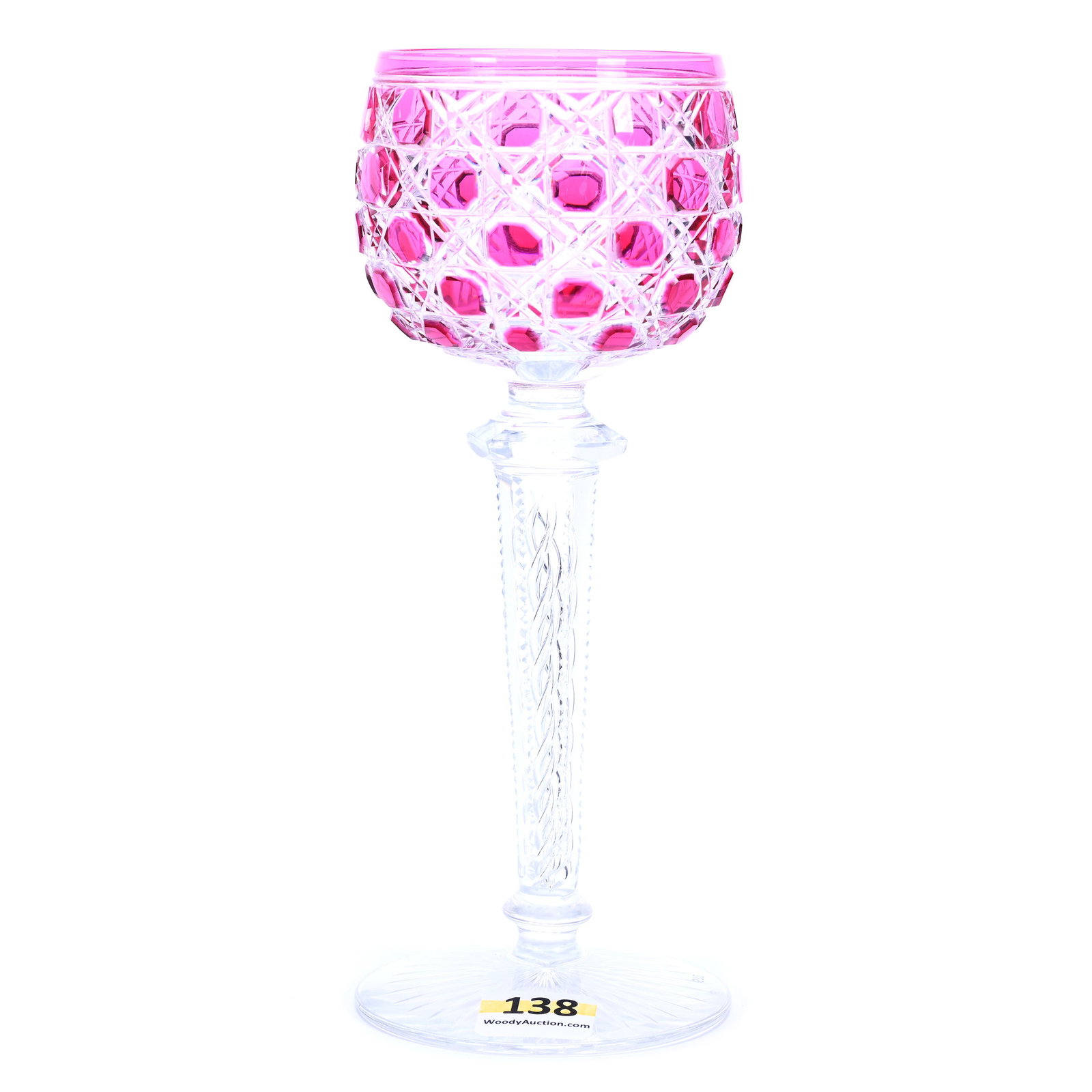 Wine Stem, BPCG, Cranberry Cut To Clear, Cane Pattern With Air Twist Stem, Ray Foot: Wine Stem, Brilliant Period Cut Glass, Cranberry Cut To Clear, Cane Pattern With Air Twist Stem, Ray Foot, 7.25" x 2.75", Maurine and The Late Al Edmond Collection, IA.