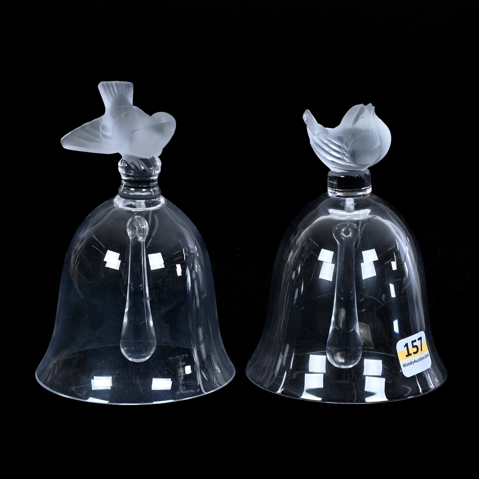 Pair Of Bells, Signed Lalique France, With Figural Sparrow Handles: Pair Of Bells, Signed Lalique France, With Figural Sparrow Handles, approximately 5.5" x 3.75", Maurine and The Late Al Edmond Collection, IA.