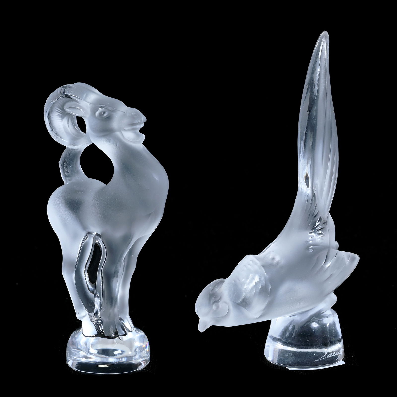 Two Figurines, Signed Lalique France, (1) 3.25" Ram, (1) 3.75" Pheasant (1 of 4)