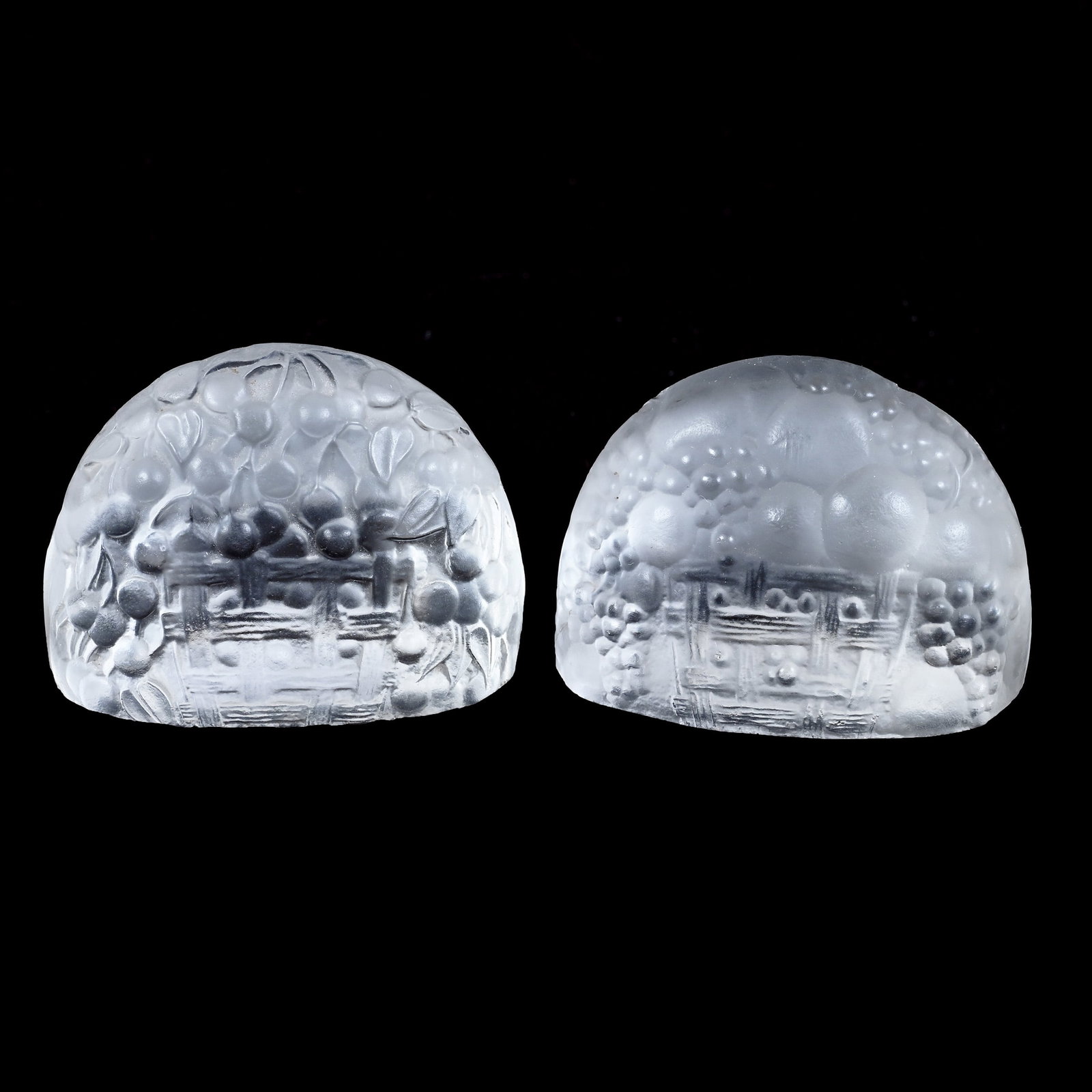 Pair Menu Holders, Signed R. Lalique, Panier De Fruits Pattern: Pair Menu Holders, Signed R. Lalique, Panier De Fruits Pattern, 1.5" x 2", Maurine and The Late Al Edmond Collection, IA.