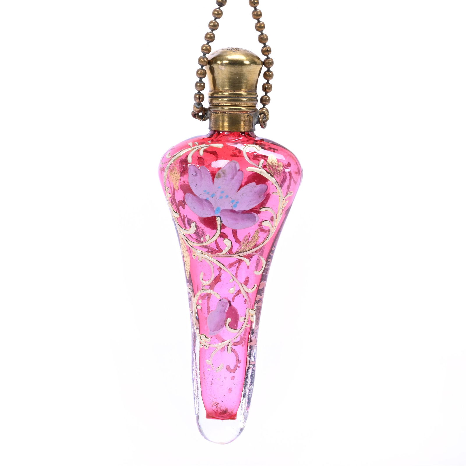 Perfume Bottle, Unmarked Moser, Cased Cranberry Art Glass, Enameled Floral And Scroll Decor (1 of 2)