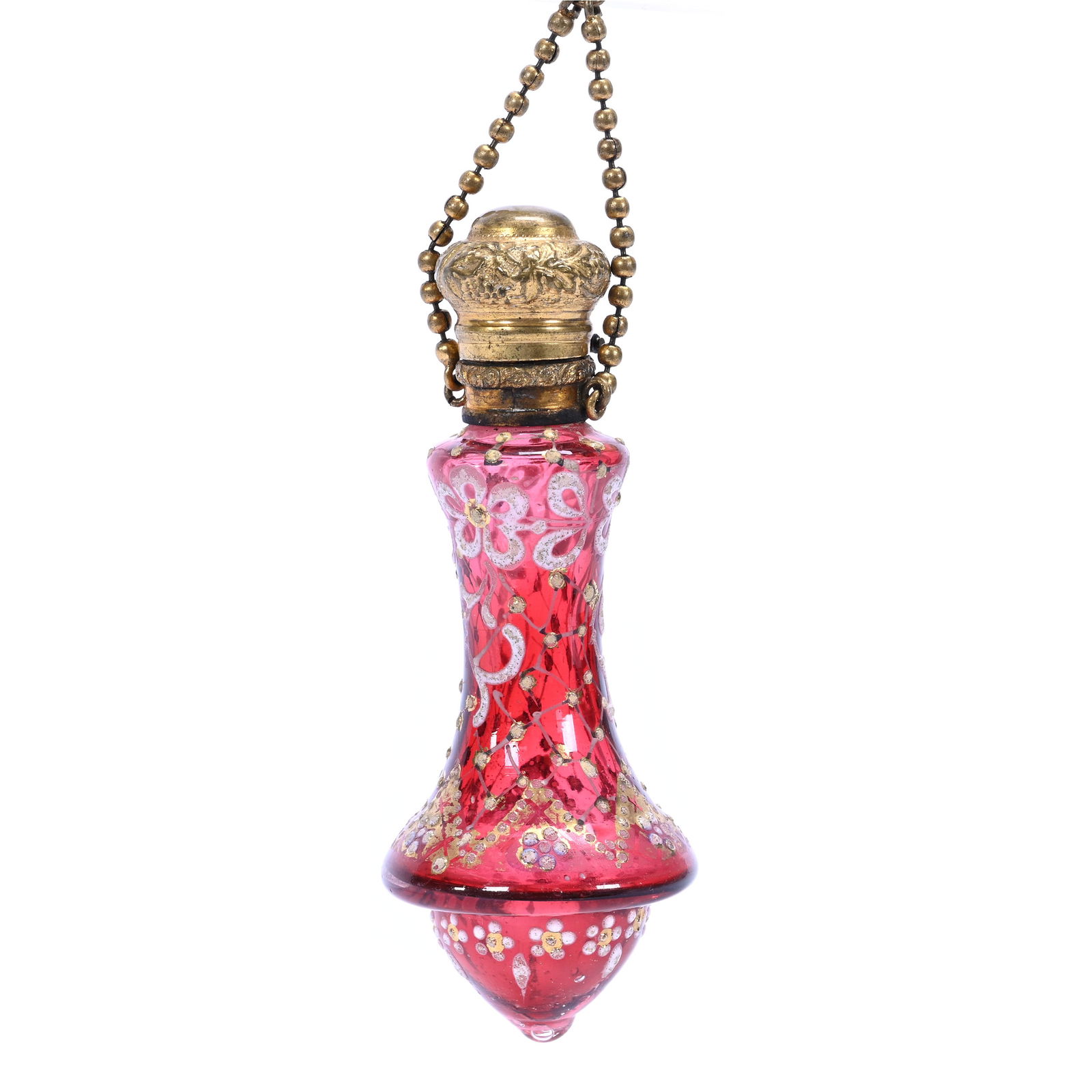 Perfume Bottle, Unmarked Moser, Cased Cranberry Art Glass, Unique Form, Floral Enamel Decor (1 of 2)