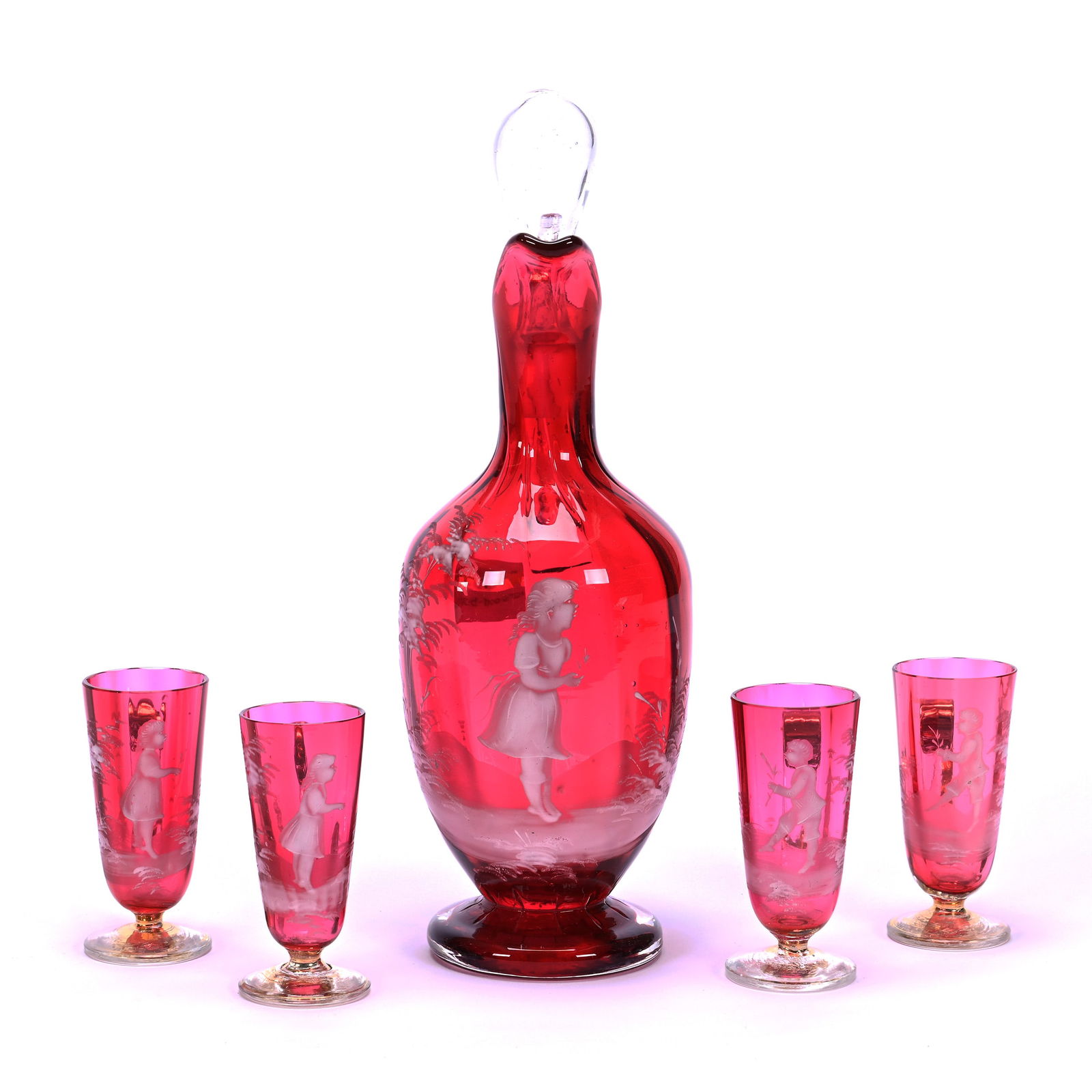 Liquor Set, Cranberry Art Glass With Mary Gregory Scenic Decor Of Young Children (1 of 3)