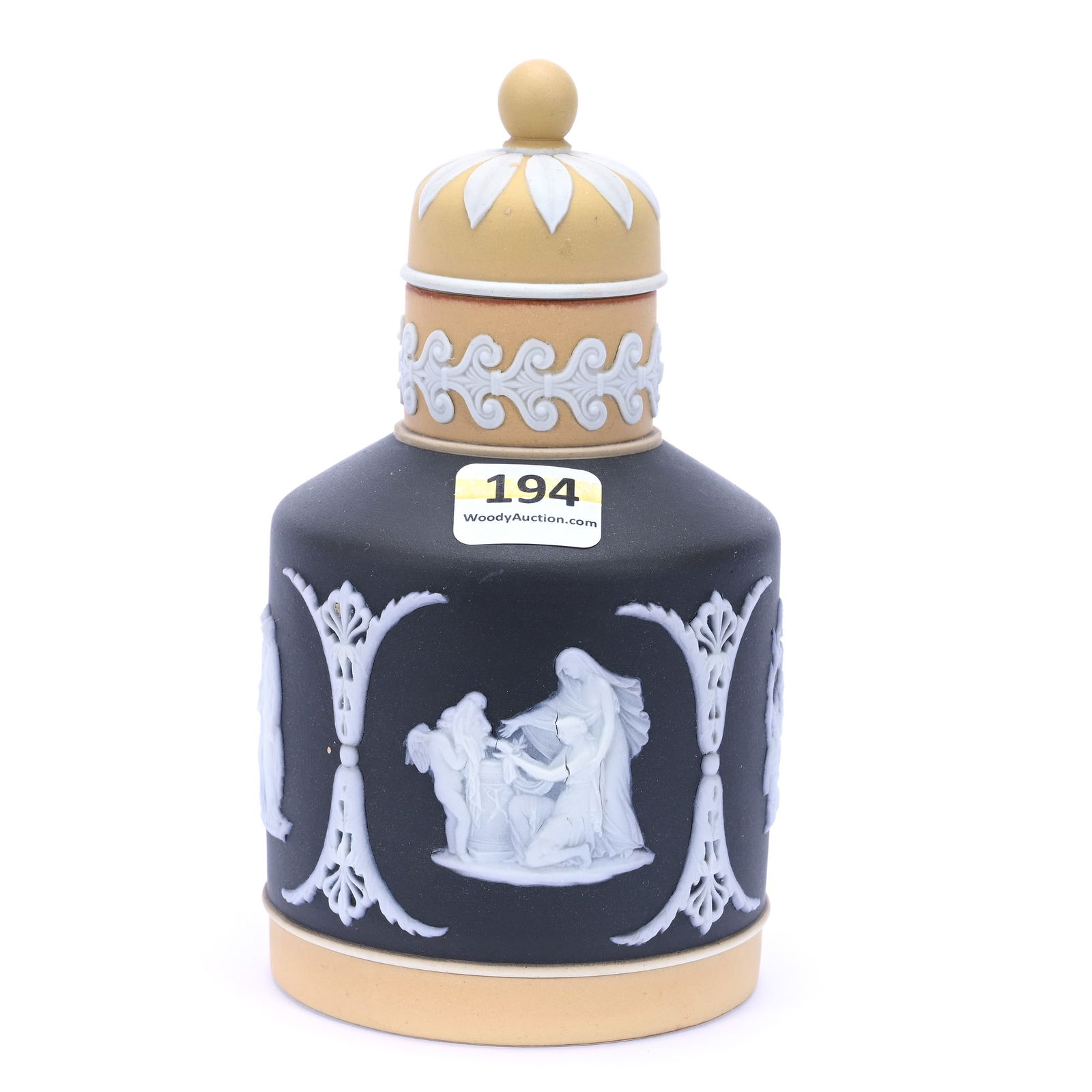 Tea Caddy, Marked Wedgwood England, Tri Color Black, Brown, With White Classical Relief (1 of 4)