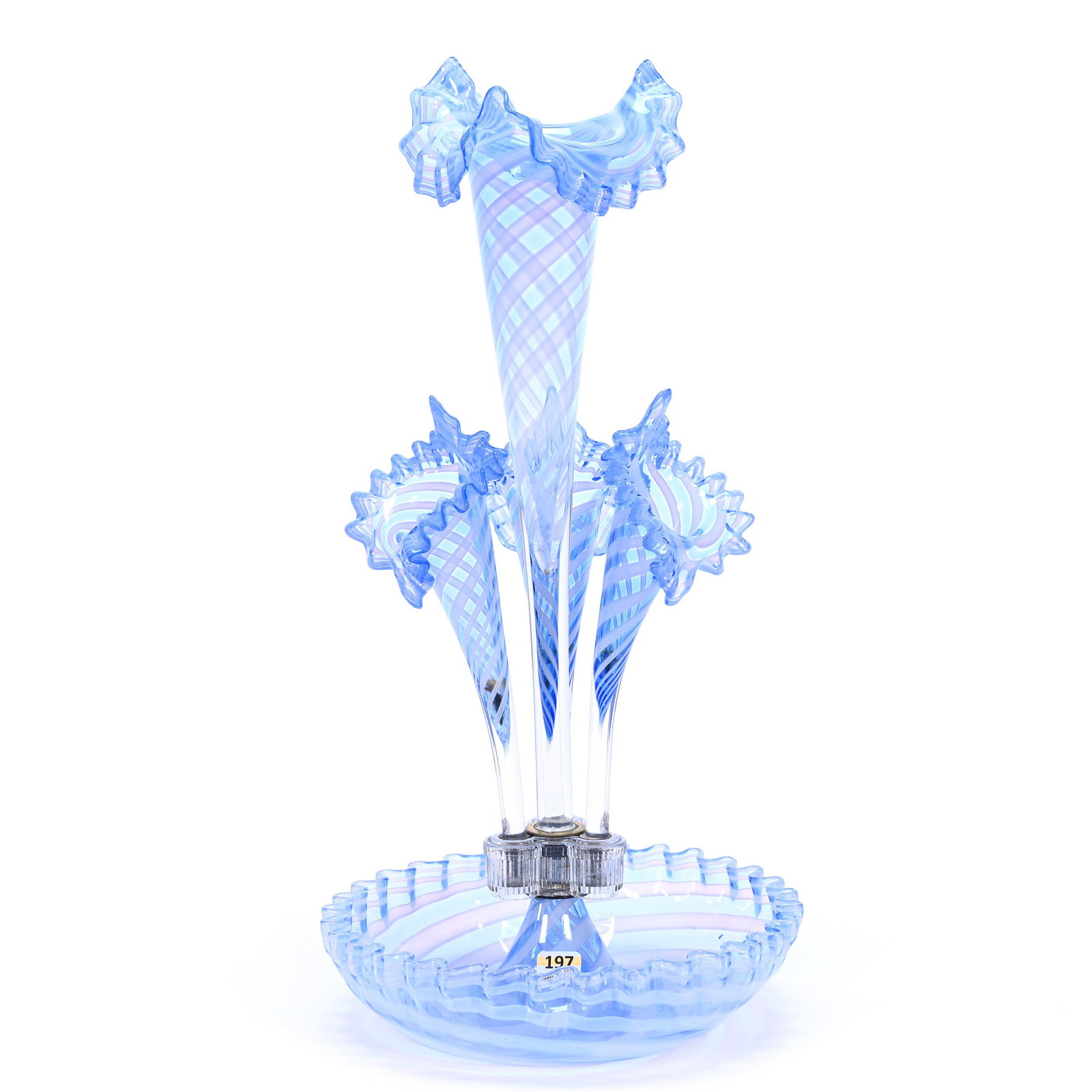 Four Lily Epergne, Blue And White Cased Art Glass Swirl Design: Four Lily Epergne, Blue And White Cased Art Glass Swirl Design, 18.5" x 9.5", One Interior Rim Polished Ruffle, Maurine and The Late Al Edmond Collection, IA.