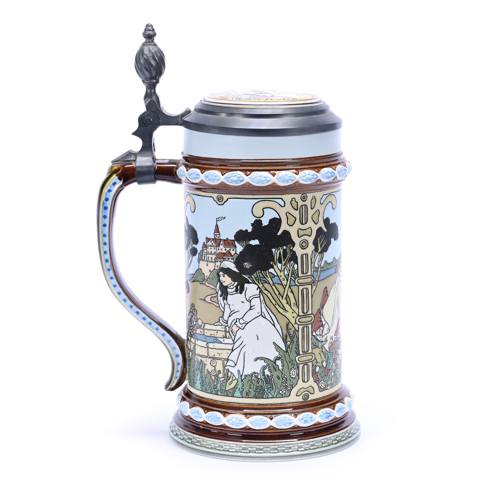 Stein, Marked Mettlach, Dated 1980: Stein, Marked Mettlach, Dated 1980, 9" x 5.75", Scenic Panels Of Little Red Riding Hood, The Frog Prince And Snow White & Seven Dwarfs, Maurine and The Late Al Edmond Collection, IA.