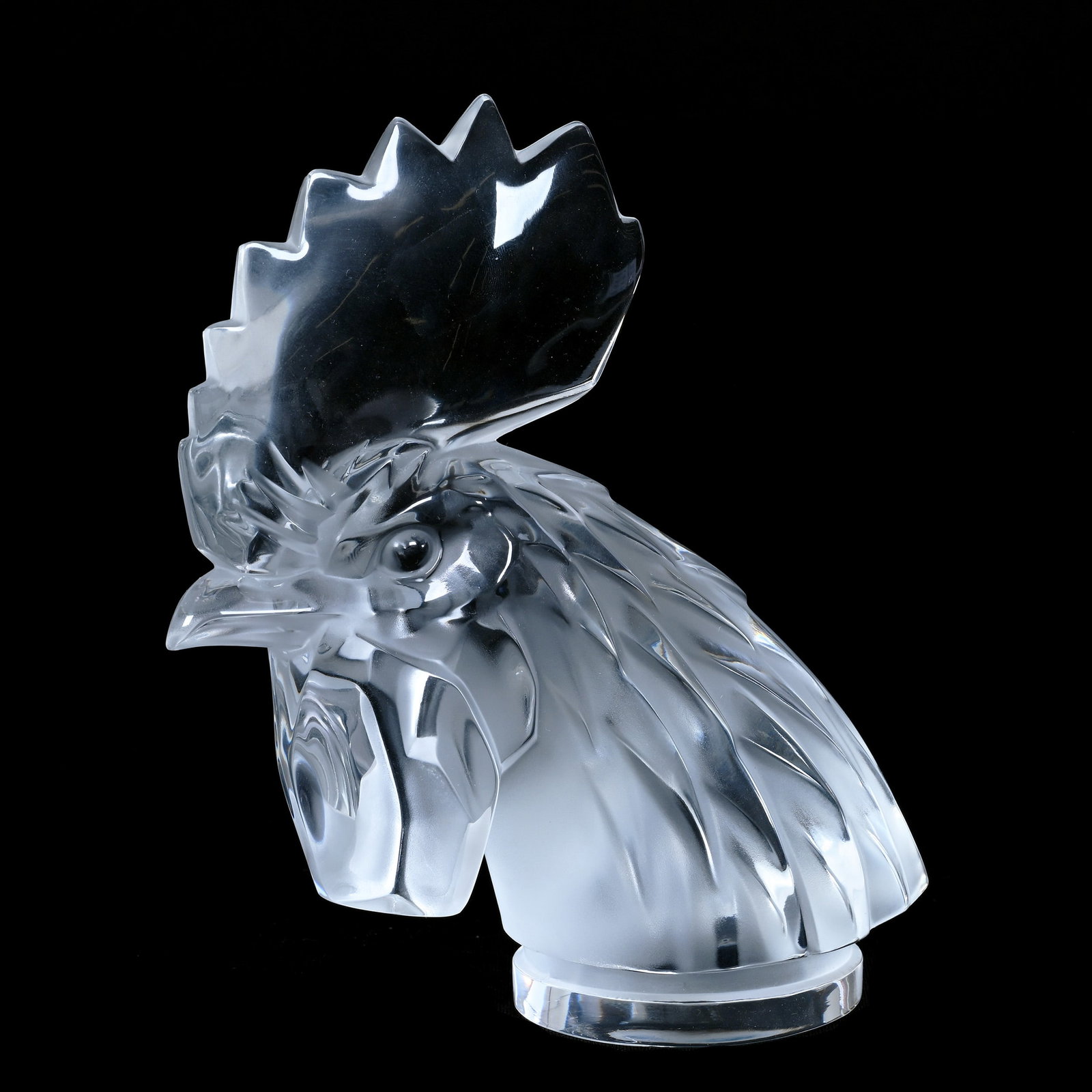 Car Mascot/Hood Ornament, Signed Lalique France, Tete De Coq: Car Mascot/Hood Ornament, Signed Lalique France, Tete De Coq, 7" x 6.5", Maurine and The Late Al Edmond Collection, IA.