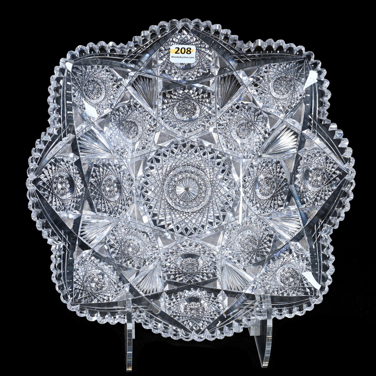 Square Bowl, ABCG, Hobstar, Strawberry Diamond, And Fan Motif, Attributed To J. Hoare, Nice Quality: Square Bowl, American Brilliant Cut Glass, Hobstar, Strawberry Diamond, And Fan Motif, Attributed To J. Hoare, Nice Quality, 11", Maurine and The Late Al Edmond Collection, IA.