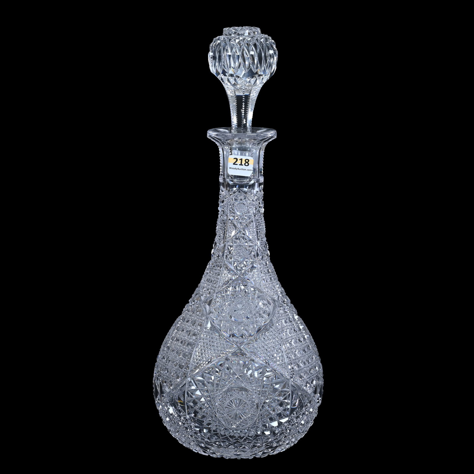 Decanter, ABCG, Well Cut Hobstar, Cane, And Nail Head Diamond Motif, Large Hobstar Cut Stopper: Decanter, American Brilliant Cut Glass, Well Cut Hobstar, Cane, And Nail Head Diamond Motif, Large Hobstar Cut Stopper, 15" x 6", Hobstar Cut Base, Maurine and The Late Al Edmond Collection, IA.