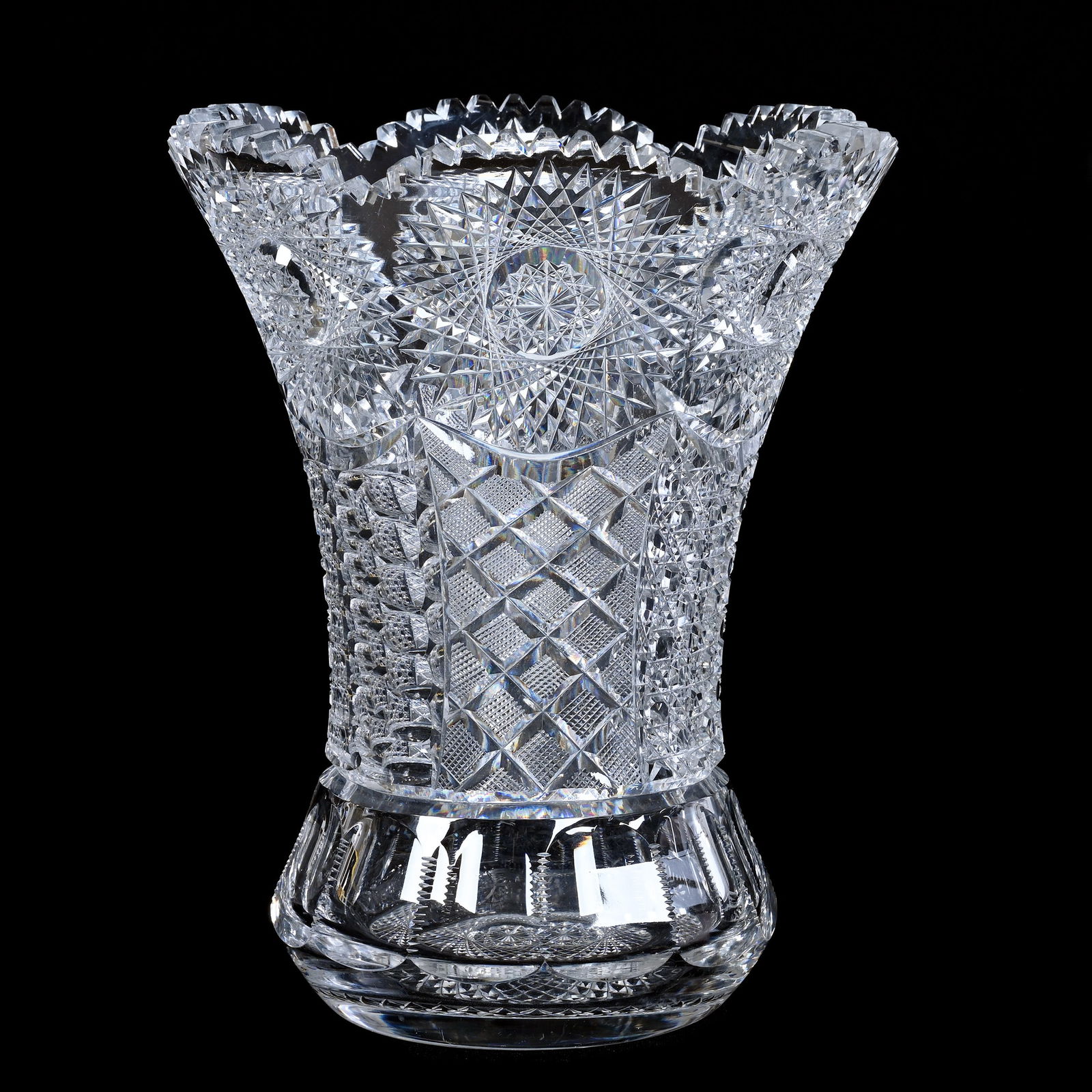 Vase, ABCG, Large Hobstars With Alternating Panels Of Cane, Strawberry Diamond, And Honeycomb: Vase, American Brilliant Cut Glass, Large Hobstars With Alternating Panels Of Cane, Strawberry Diamond, And Honeycomb, 10" x 8", Hobstar Base, Quality Blank, Tooth Nick, Maurine and The Late Al Edmond