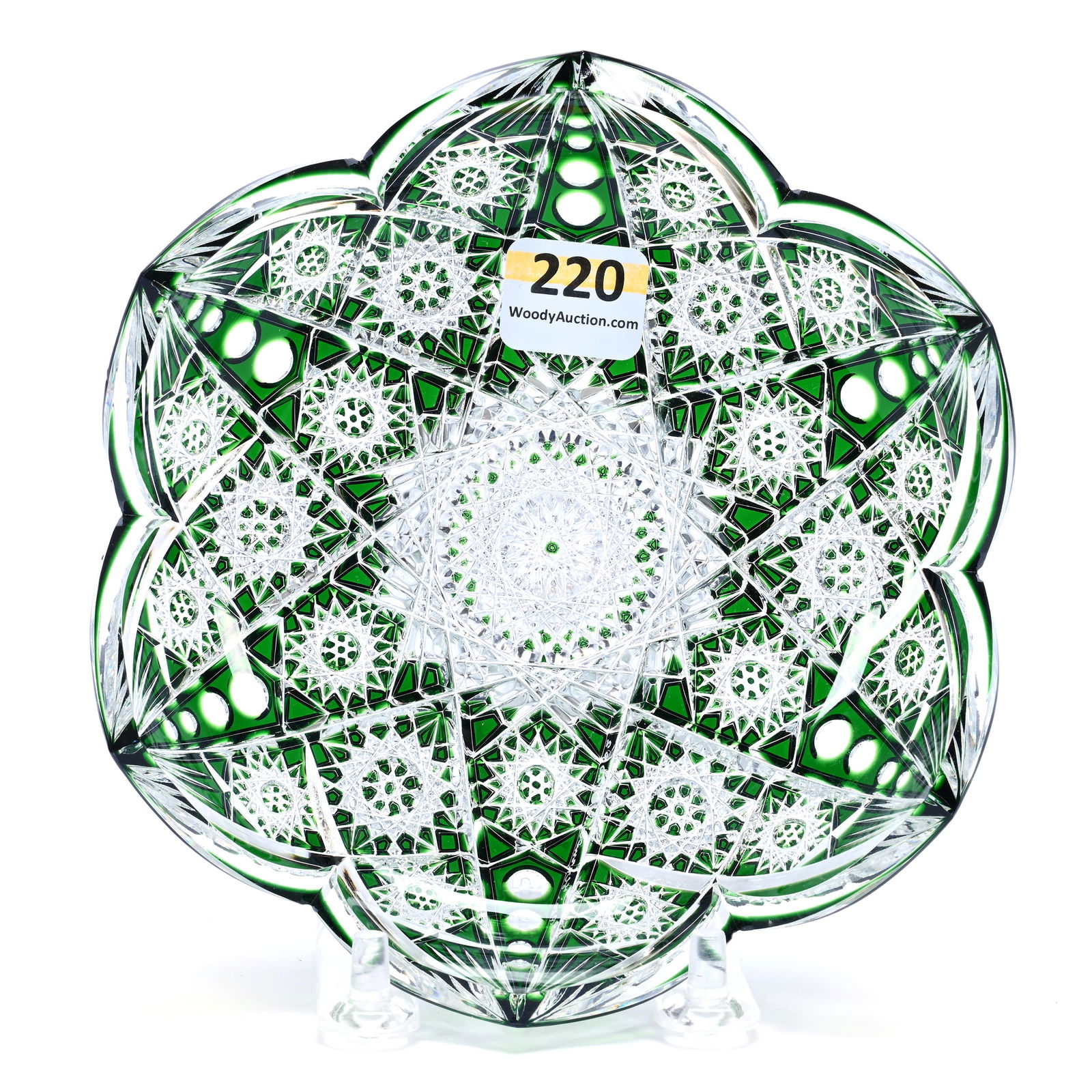 Nappy, Cut Glass, Signed Pepi Herrmann, Dated 2002, Green Cut To Clear, Hobstar And Punti Motif (1 of 2)