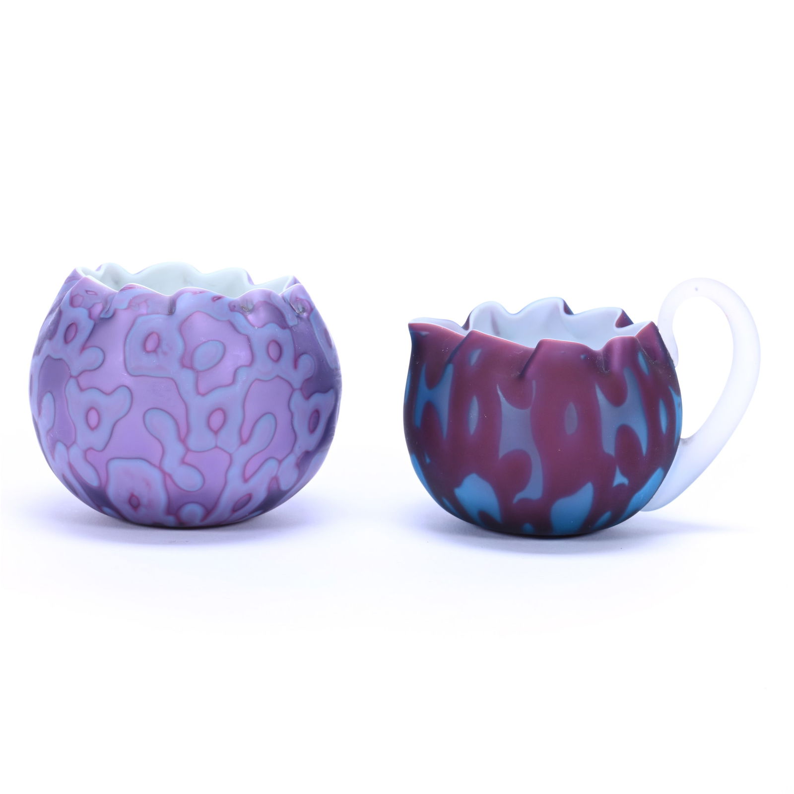 Creamer And Rose Bowl, Plum And Blue Cased Satin Glass, Random Pattern Mother Of Pearl, Rare Colors (1 of 3)