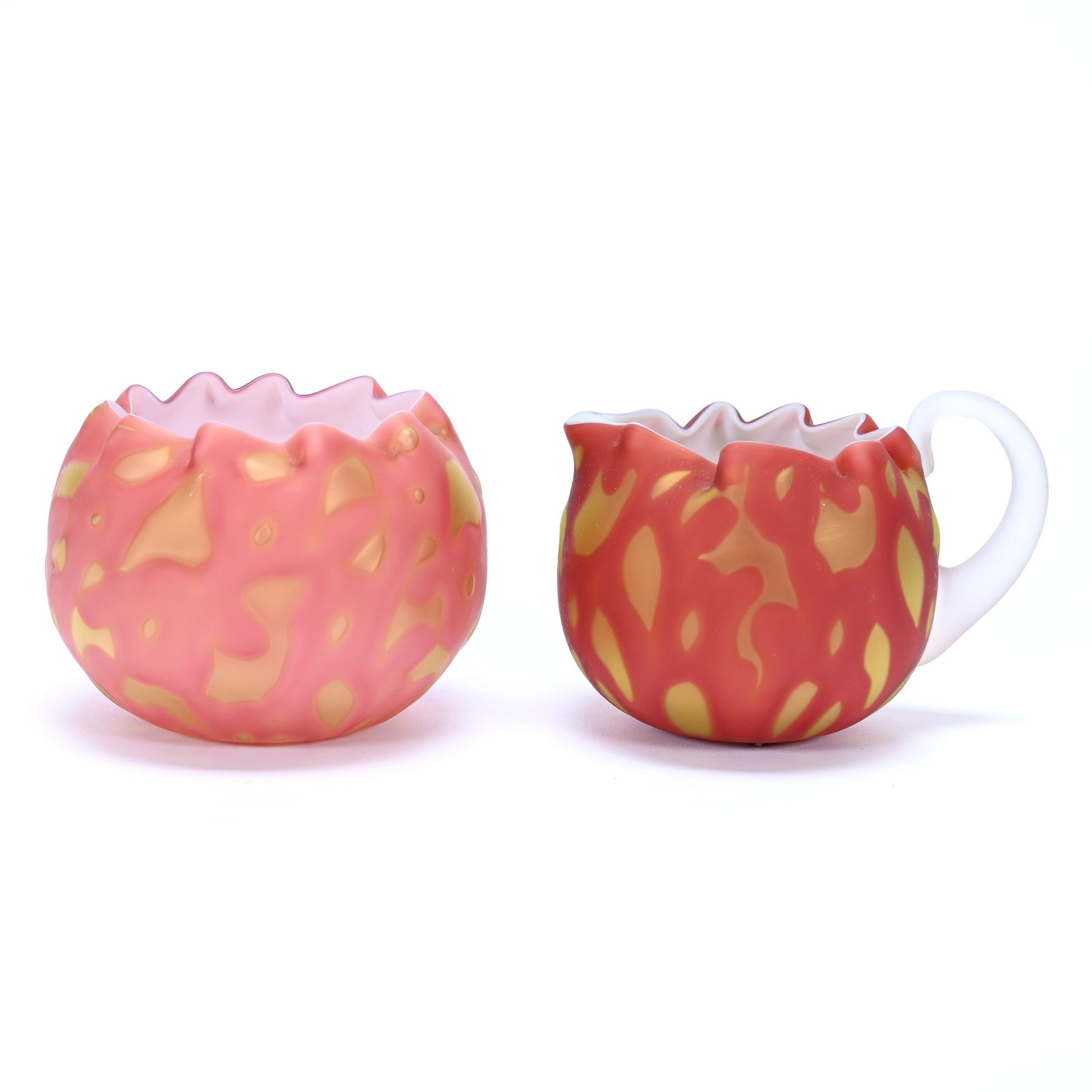 Creamer And Rose Bowl, Orange And Yellow Cased Satin Glass, Random Pattern Mother Of Pearl (1 of 3)