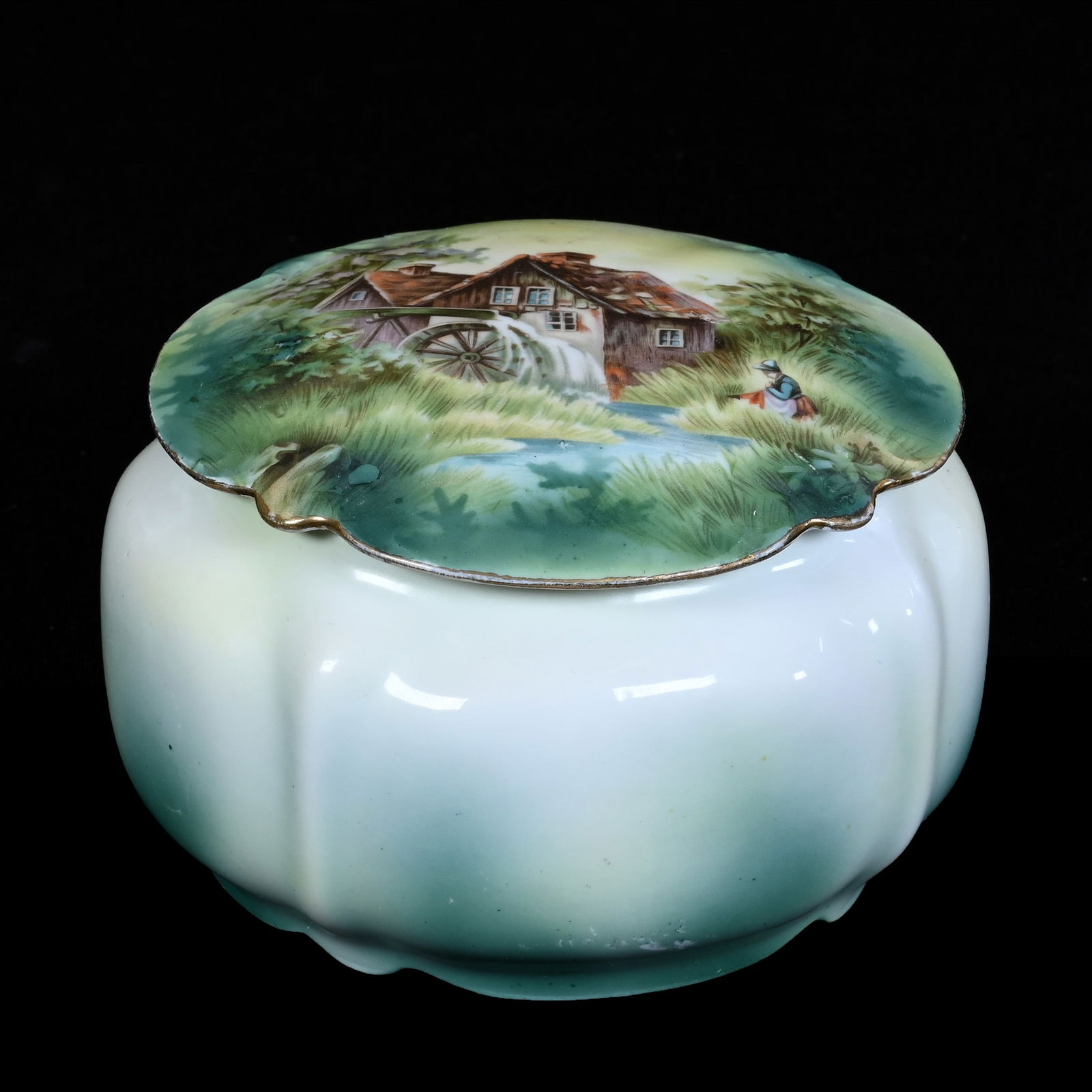 Covered Powder Box Marked R.S. Prussia, Mill Scene Decor (1 of 3)