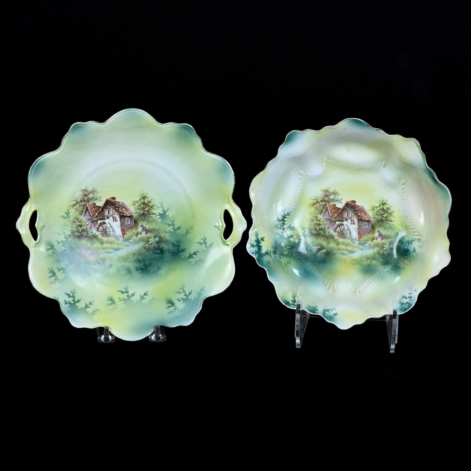 Bowl & Plate Marked R.S. Prussia, Mill Scene Decor: Bowl & Plate Marked R.S. Prussia, Mill Scene Decor, Green And Yellow Tones, (1) 10" Cake Plate, (1) 9.25" Bowl With Hairline Repair, Illinois Private Collection.