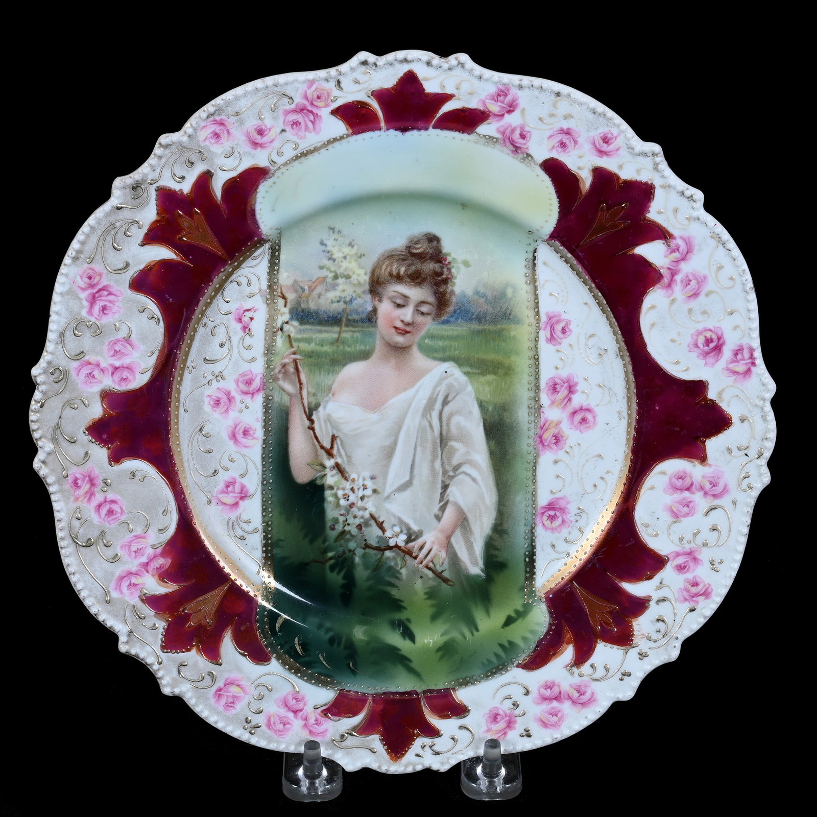 Plate Marked R.S. Prussia, Mold #343, Spring Season Keyhole Portrait: Plate Marked R.S. Prussia, Mold #343, Spring Season Keyhole Portrait, 9", White With Red Border, Significant Fading Of Border Color, Illinois Private Collection.