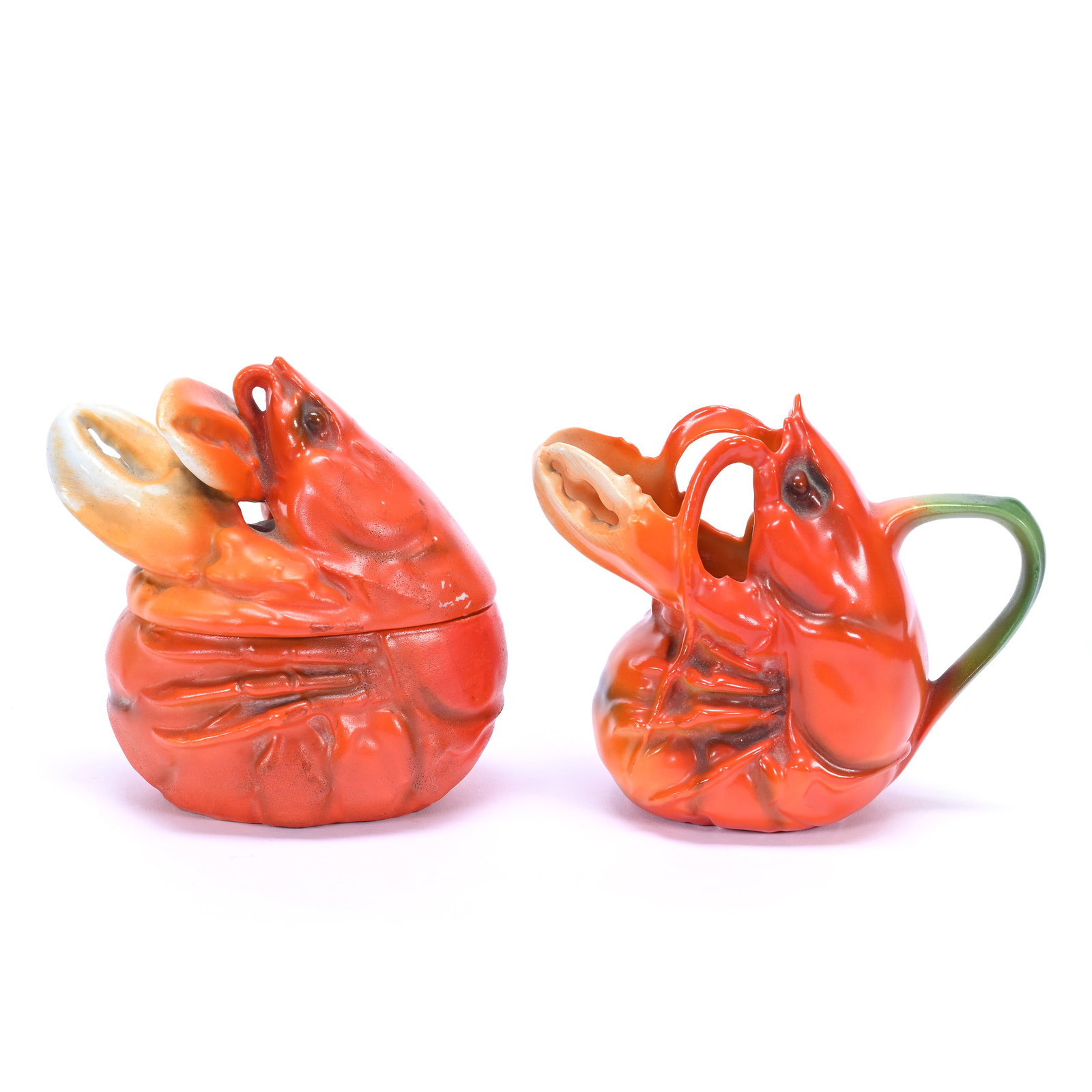 Creamer & Sugar, Royal Bayreuth Blue Mark, Figural Red Lobster: Creamer & Sugar, Royal Bayreuth Blue Mark, Figural Red Lobster, 4" x 4.75", Illinois Private Collection.