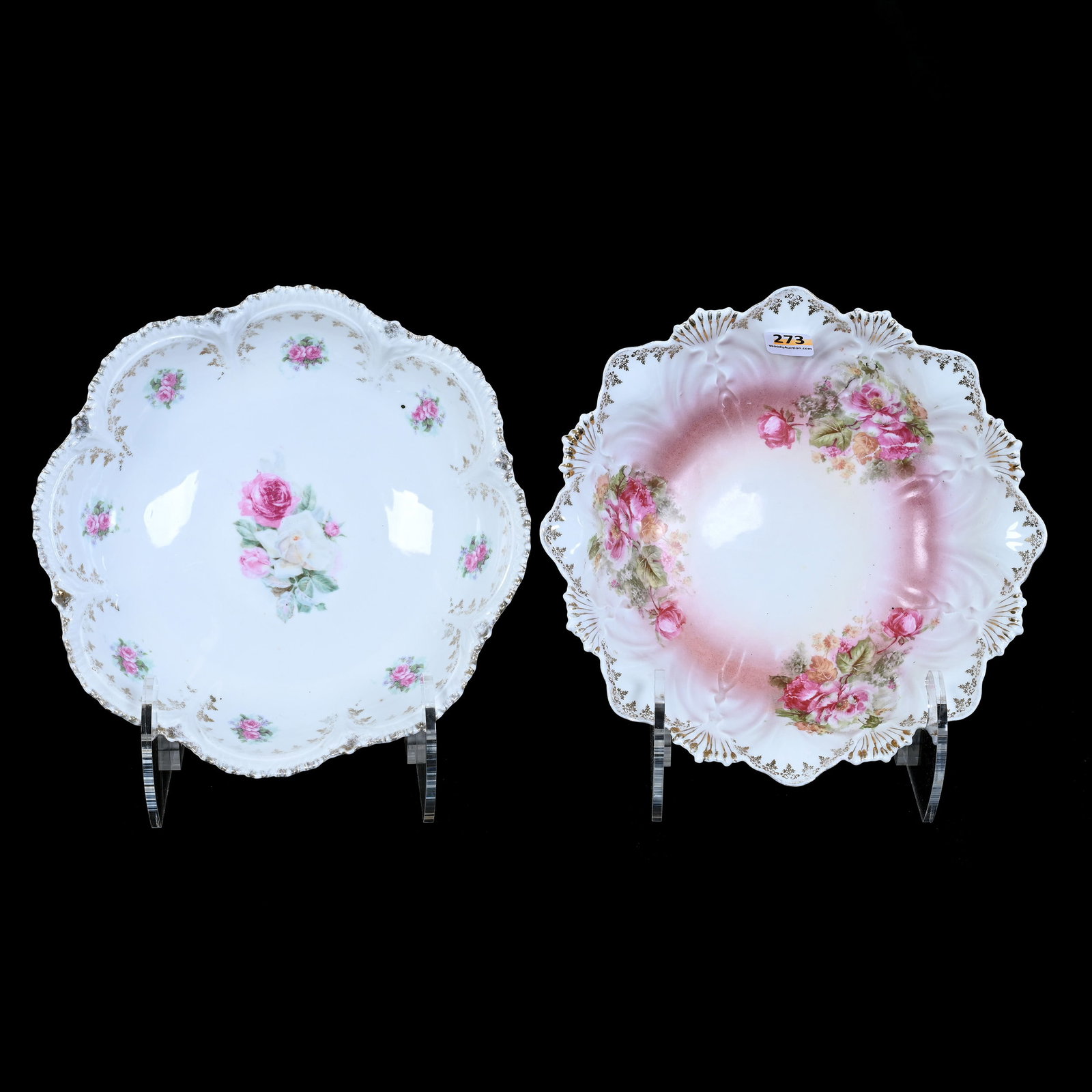 (2) Bowls Marked R.S. Prussia, Floral Decor: (2) Bowls Marked R.S. Prussia, Floral Decor, 9" approximately, (1) White Tones, (1) Pink And White, Illinois Private Collection.